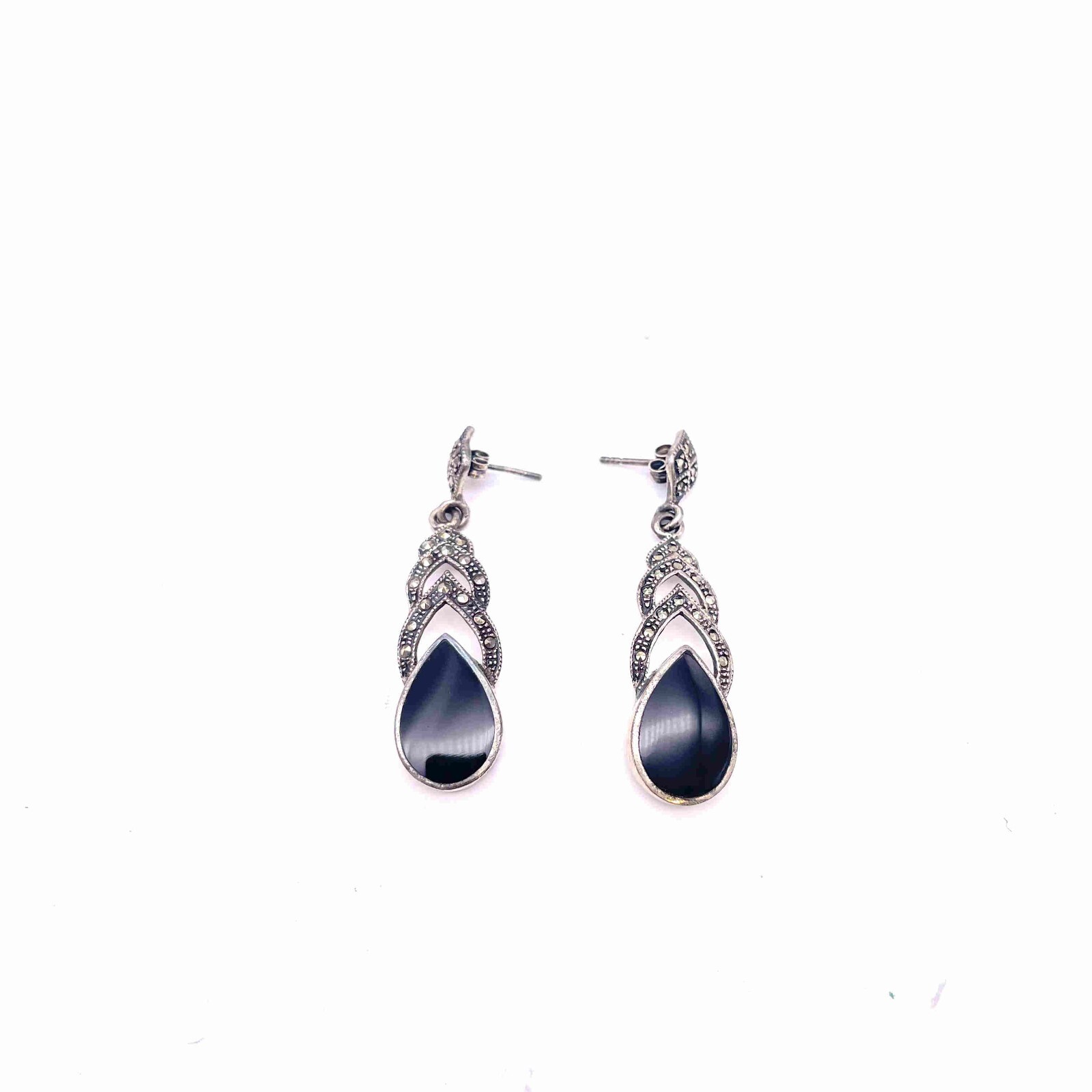 Black Onyx Marcasite Teardrop Dangle Earrings 925 Sterling Silver