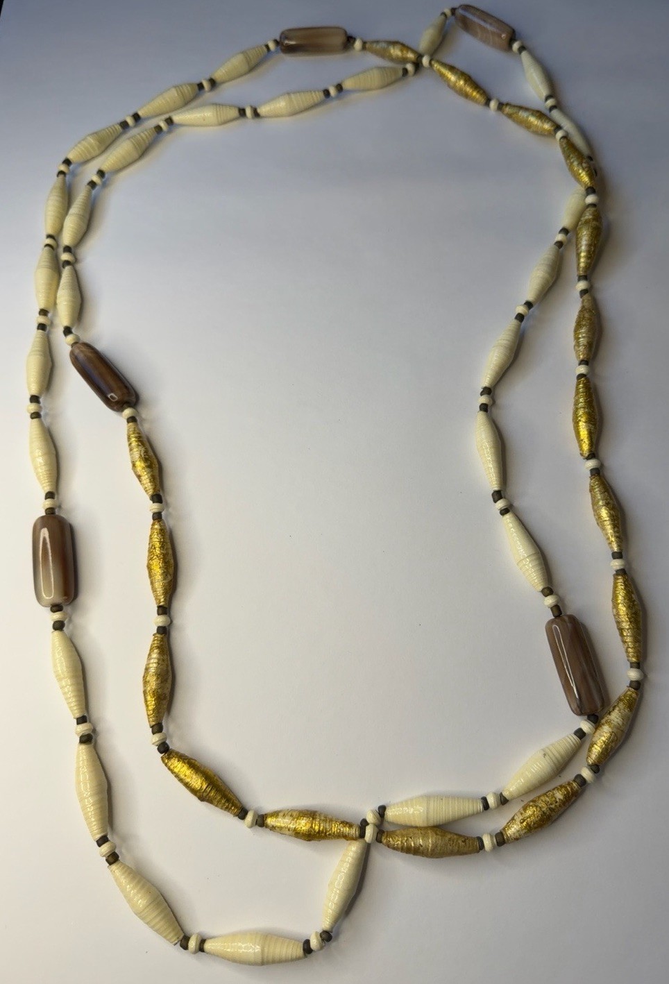 Noonday Collection Long Paper Bead Necklace Ivory Gold Brown Two Strand Artisan