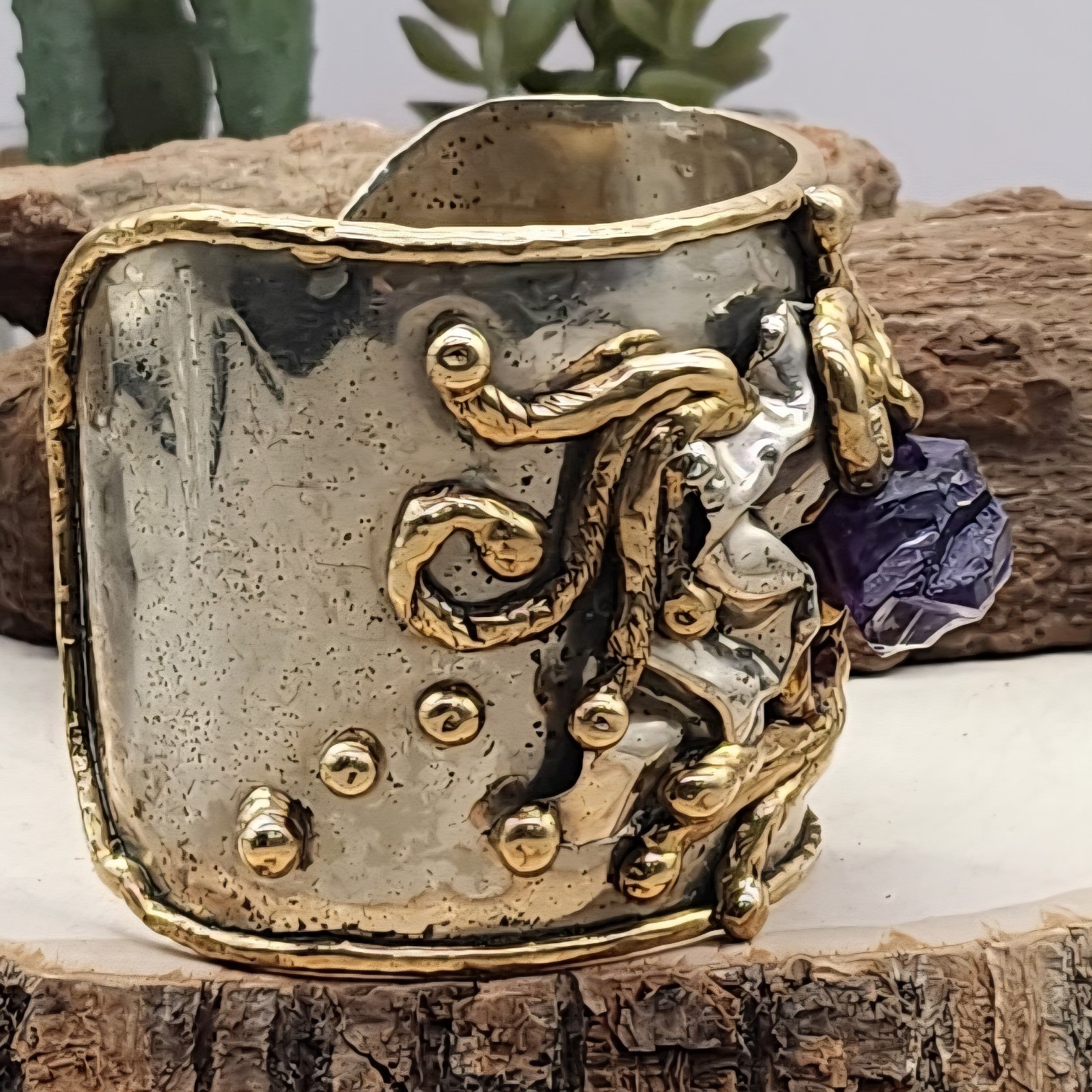 Copa Collection Brutalist Chunky Mixed Metal Raw Amethyst Sz6 3″ Wide Cuff 93g