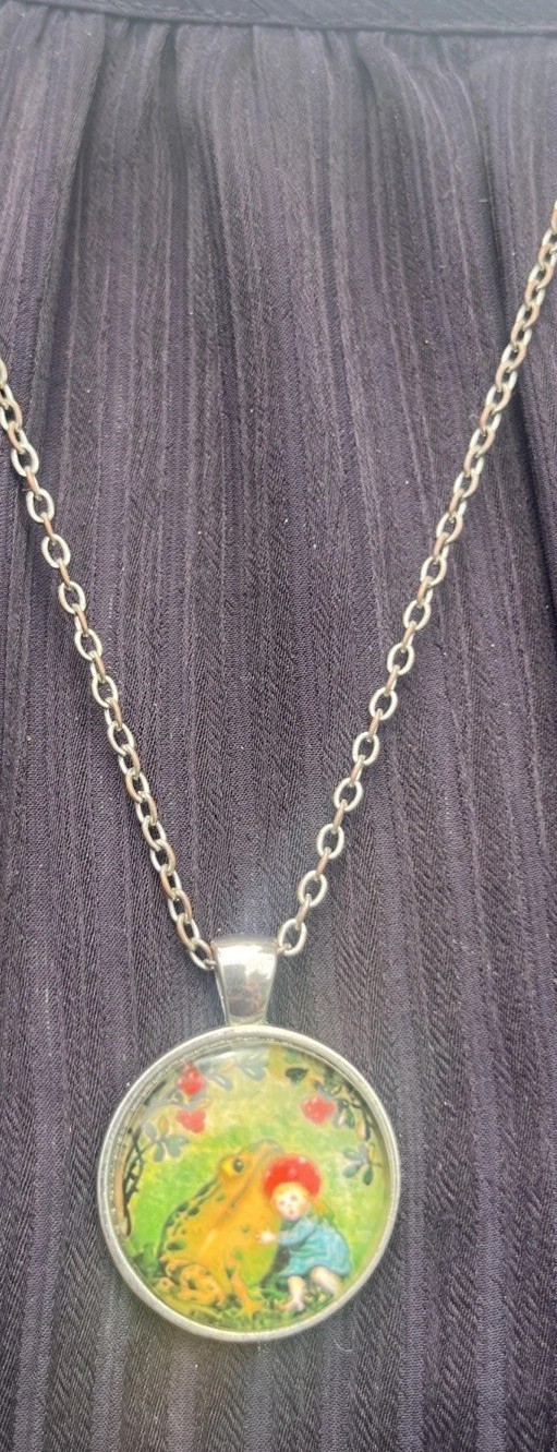 Frog 1” Glass Domed Pendant Of Little Girl & Frog with 22” Chain Necklace Whimsy