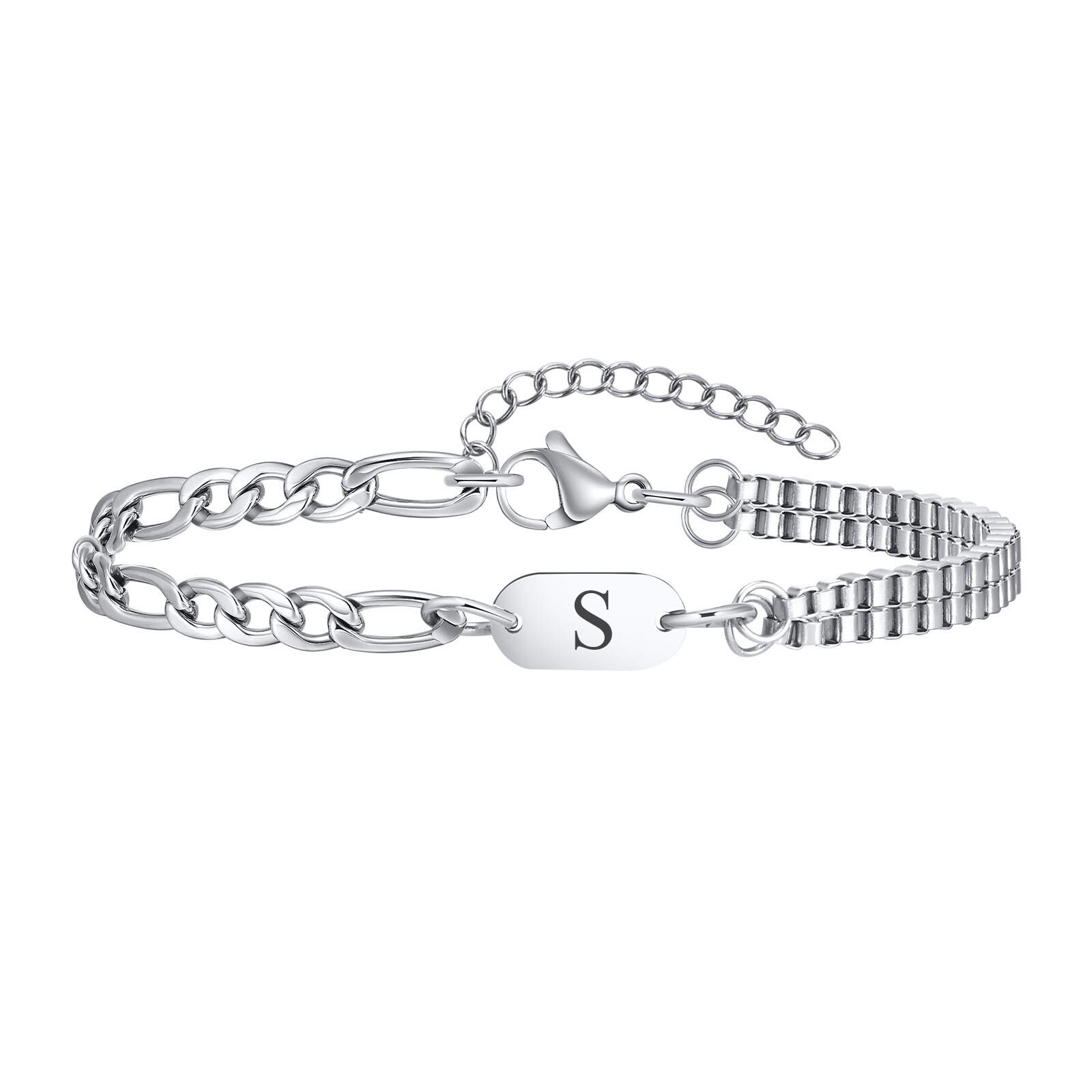 A-Z Initial Bracelets for Men Women Figaro Chain Box Link Bracelets Classic