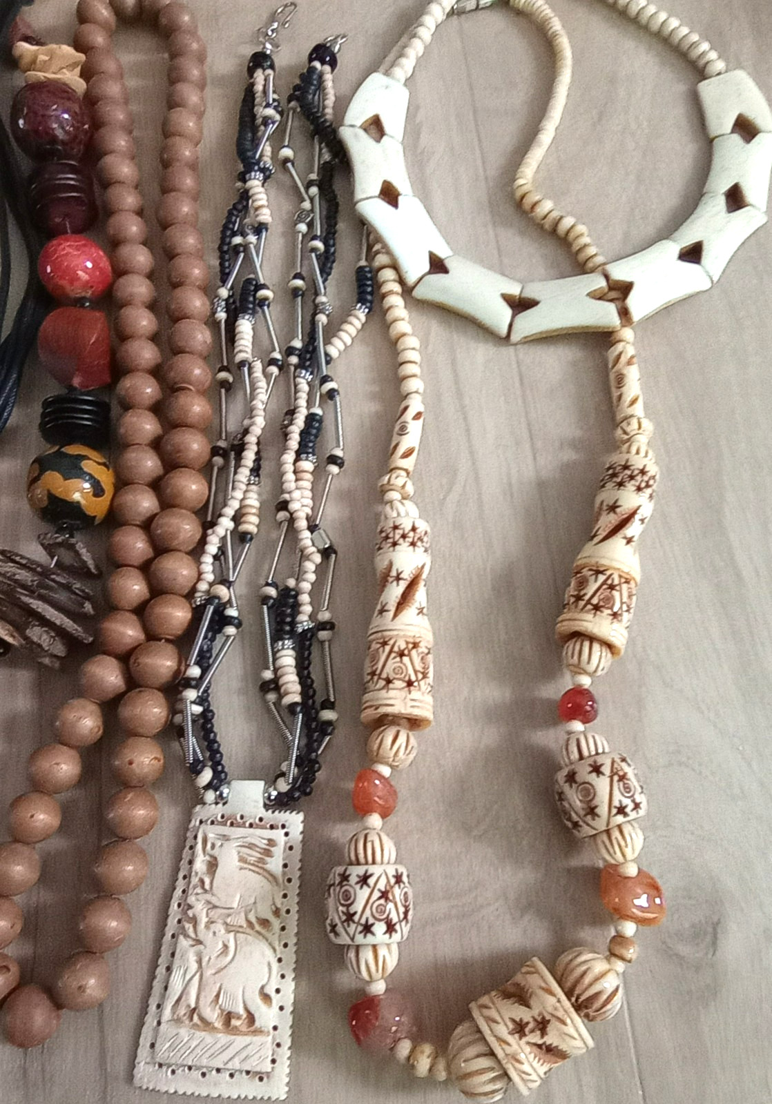 Tribal/ethnic lot of 6 necklaces, bone, wood beads, multi-media see pics