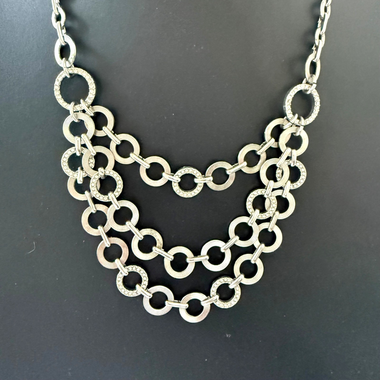 Loft Necklace Multi Strand Bib Rhinestone Glam Silver Tone 18 to 20 inches