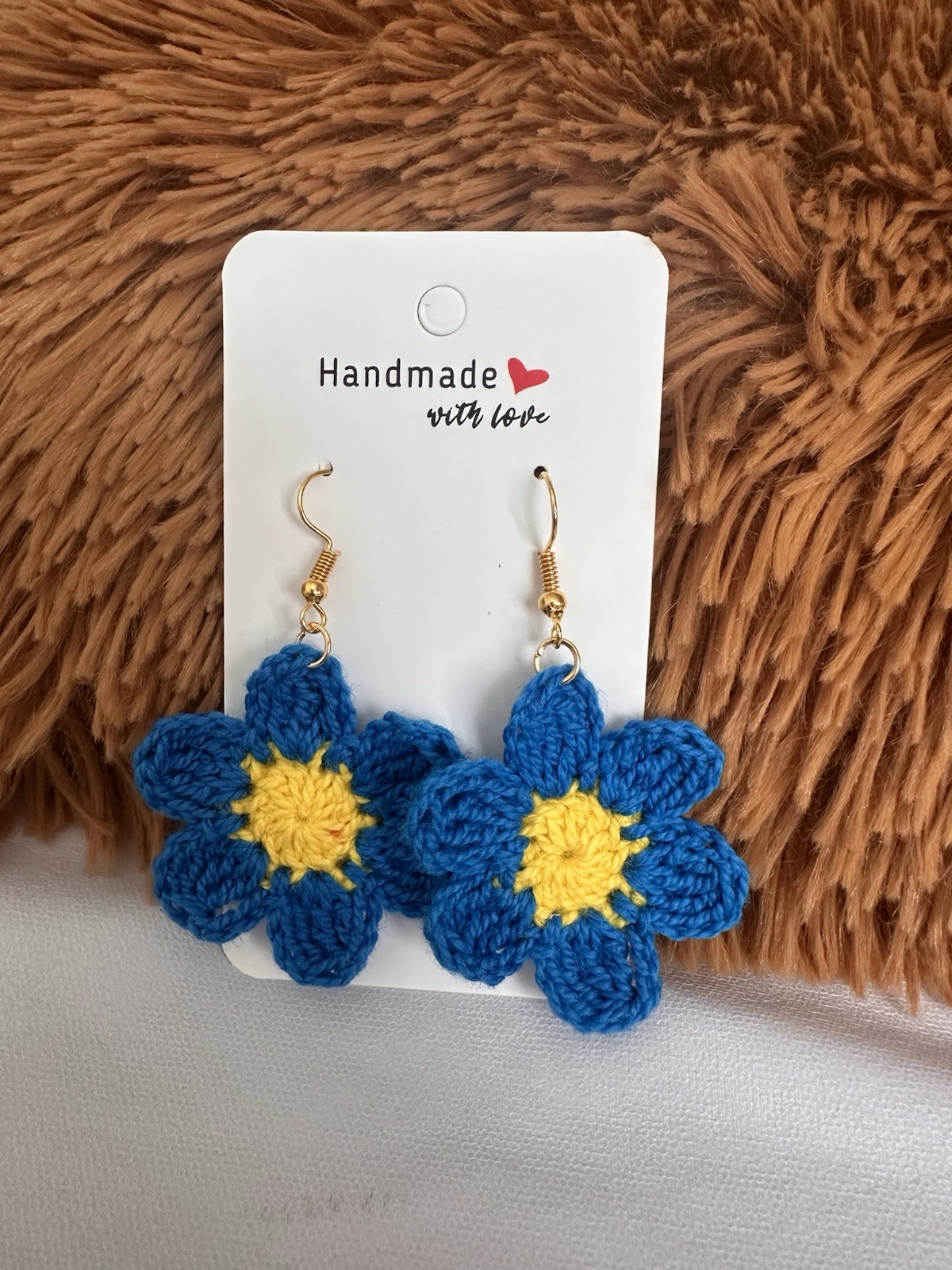 Handmade Crochet Flower Earrings – Blue& Yellow Bloom