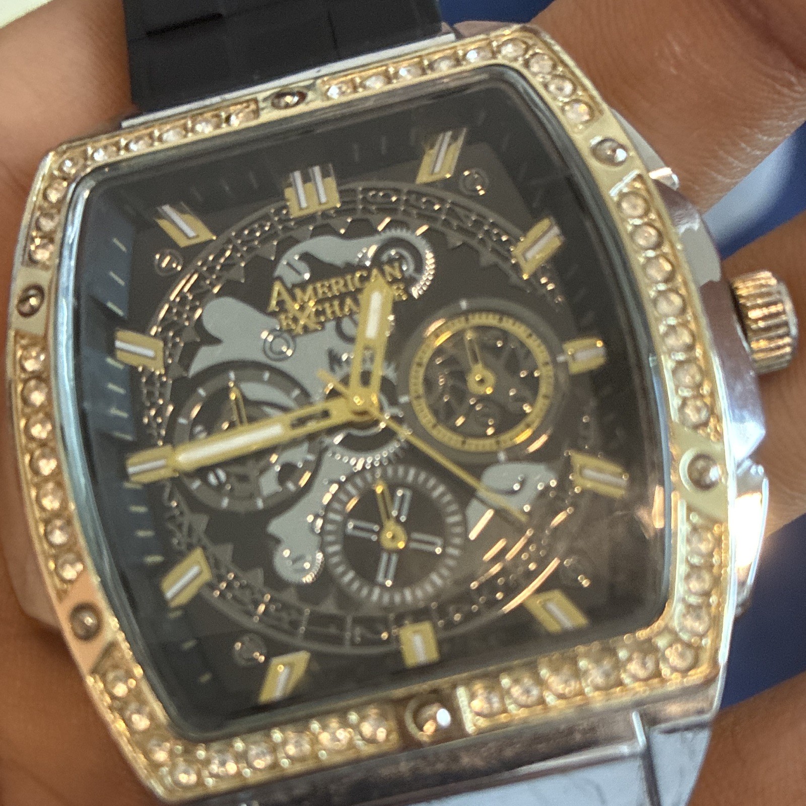 American Exchange Square Gold-Tone Bezel Black Dial Watch Quartz Multi-Dial