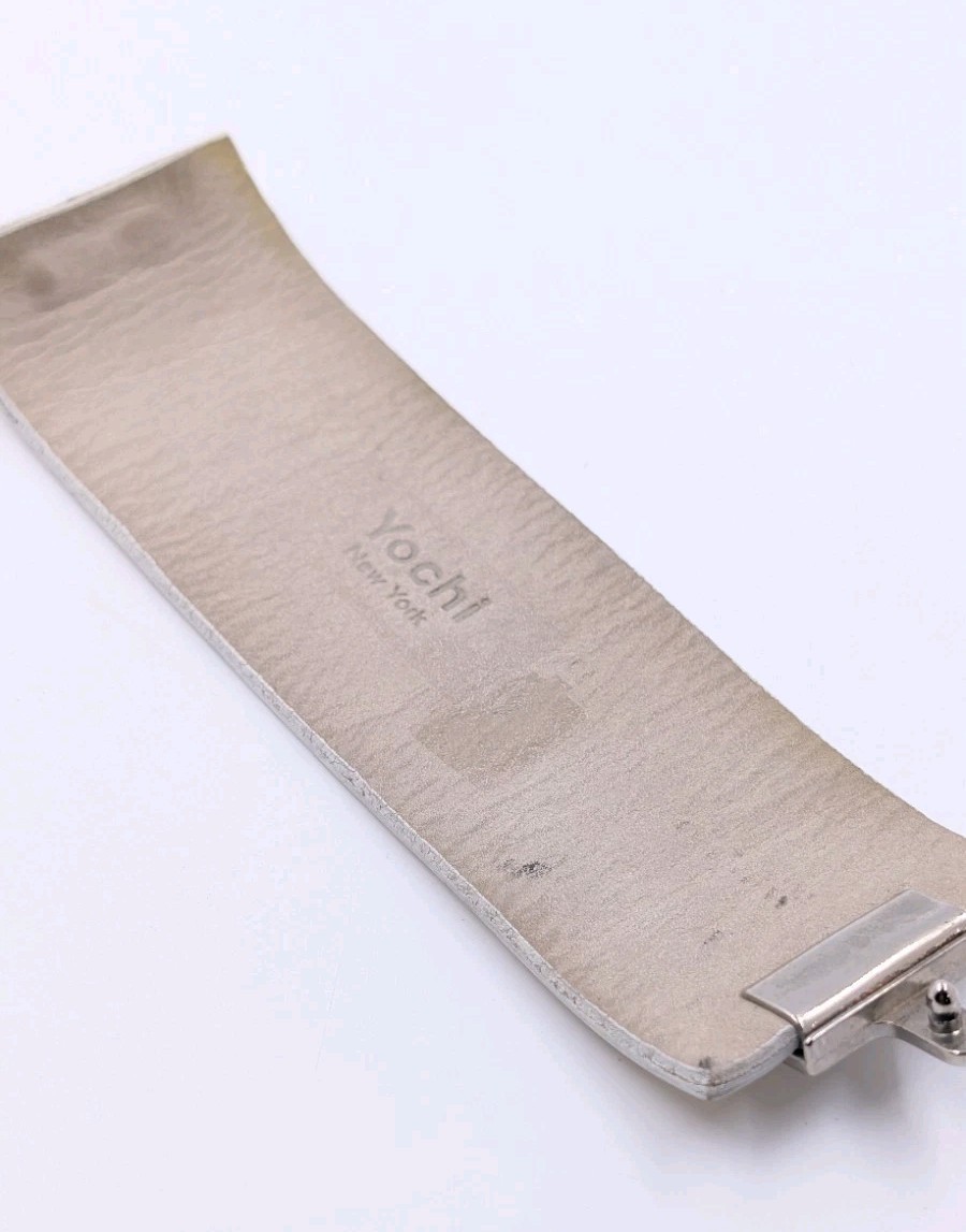 YOCHI NY Cream Beige Leather Silver Snap Clasp Wide 2” Bracelet 5.5” or 6”