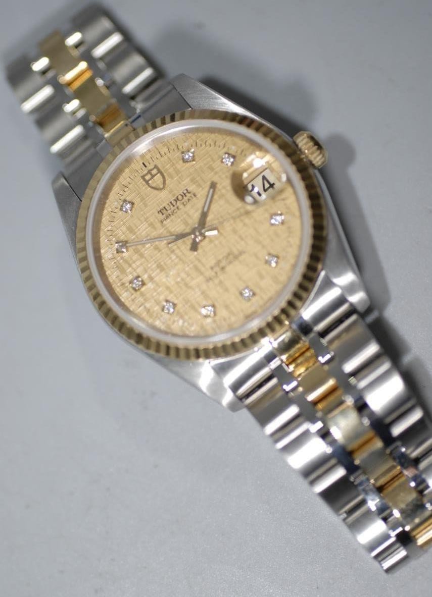 Tudor Prince Date 18K Solid Gold Bezel & Links w Diamond Linen Dial 74033 Ex++!