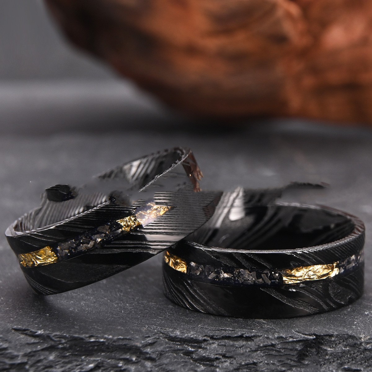 Wide Damascus Steel Ring Electric Black Flat