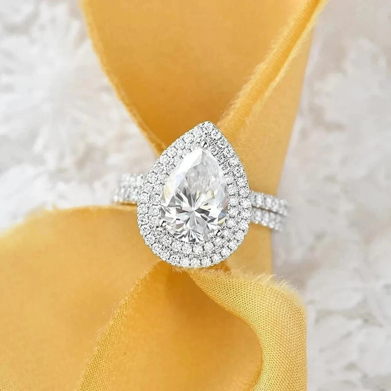 2.30Ct Lab Created Diamond Pear Double Halo Wedding Ring 14K White Gold Plated