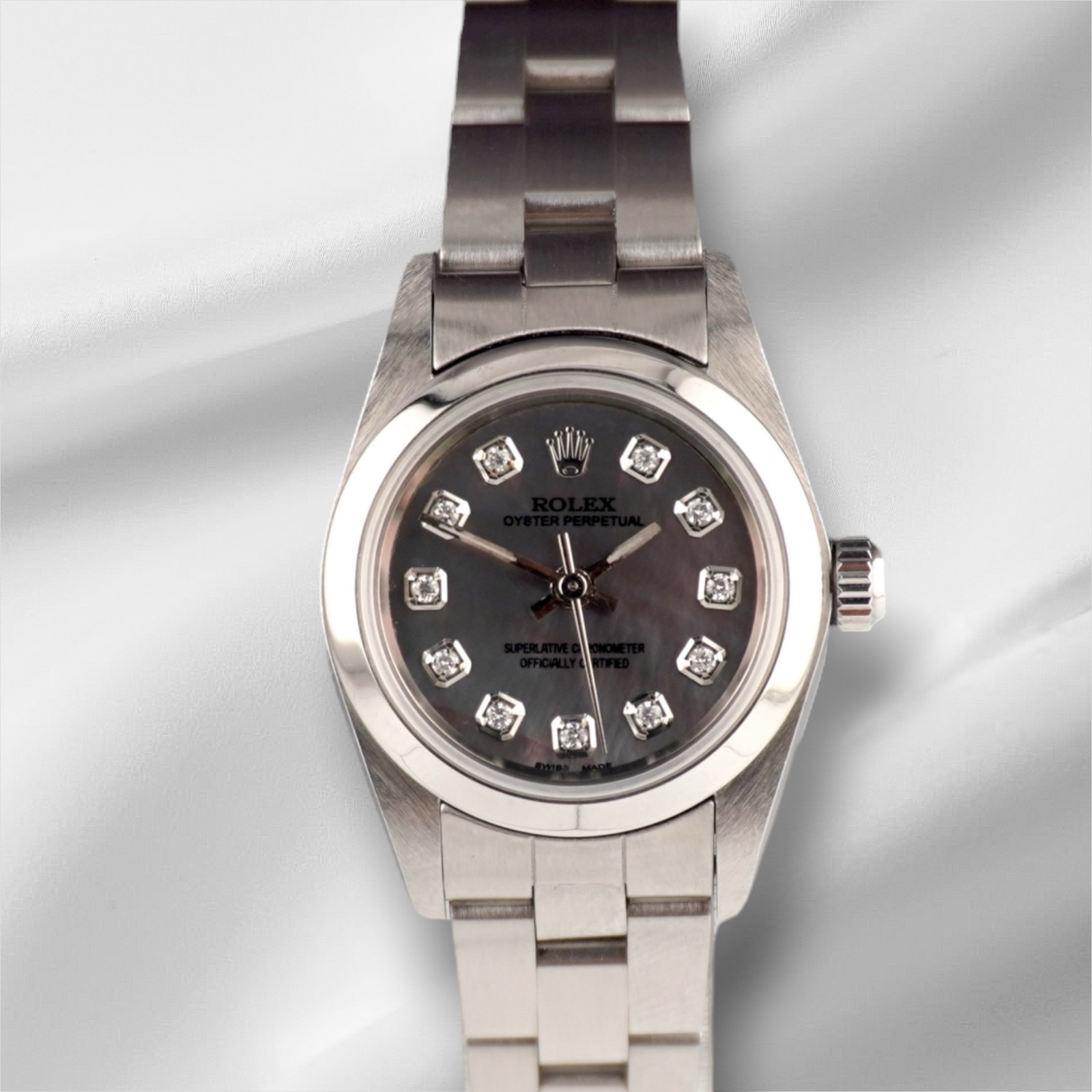 Rolex Oyster Perpetual 25mm Steel Black Mop Diamond Smooth Oyster Ladies Watch