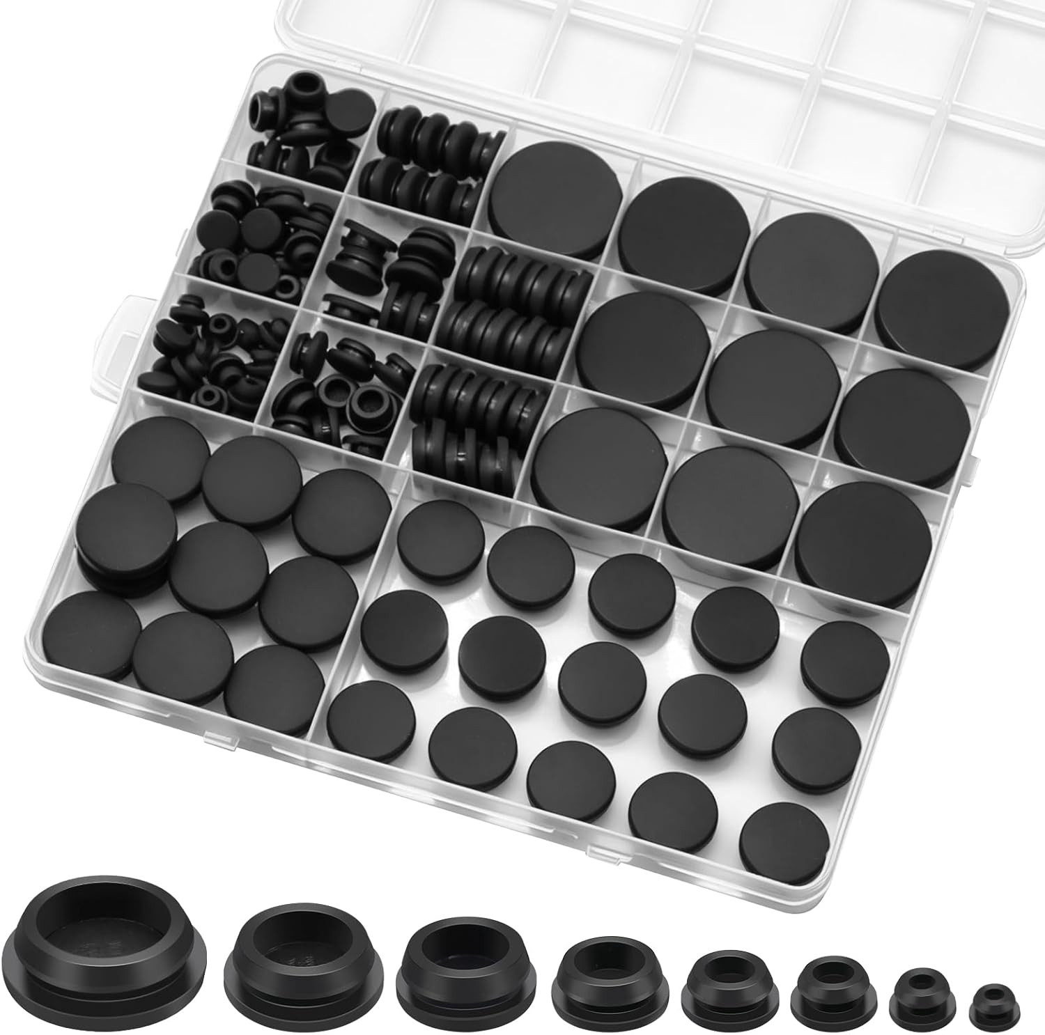 125Pcs Black Rubber Hole Plugs Assorted Sizes Silicone Round Plug Kit