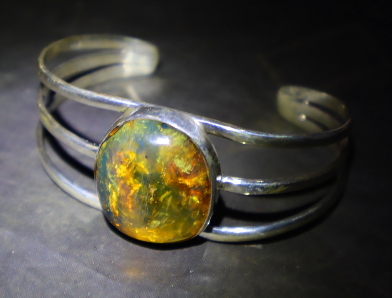 Hugh Natural Clear Green Blue Amber solid .925 Sterling Silver Cuff Bangle 7inch