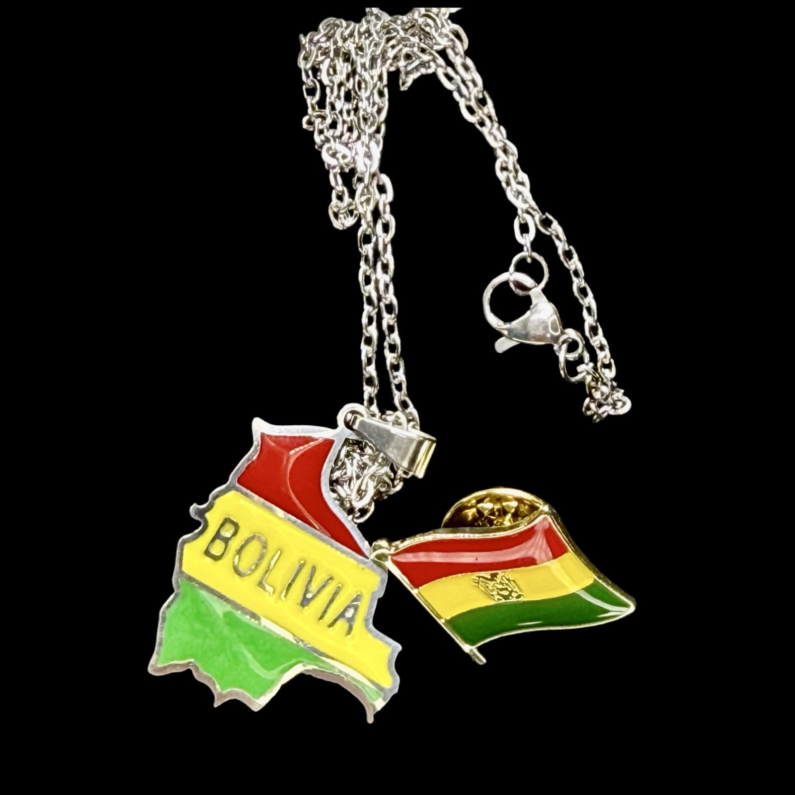 Bolivia Map Pendant Necklace & Flag Pin Set Red Yellow Green Gift Souvenir