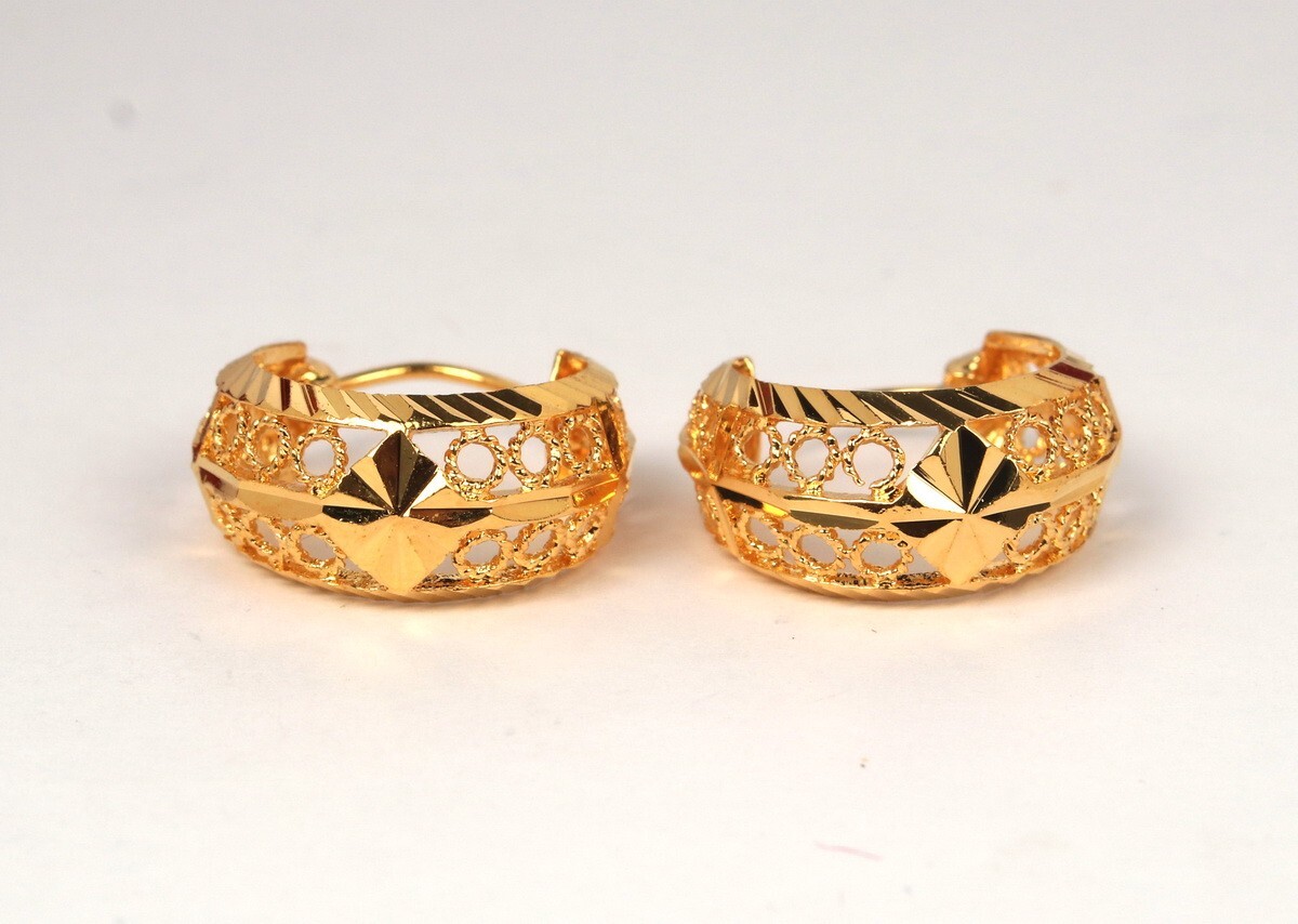 Beauty! Detail Diamond-cut Hoop Earrings 22K 18K Gold GP Thai Jewelry GT8