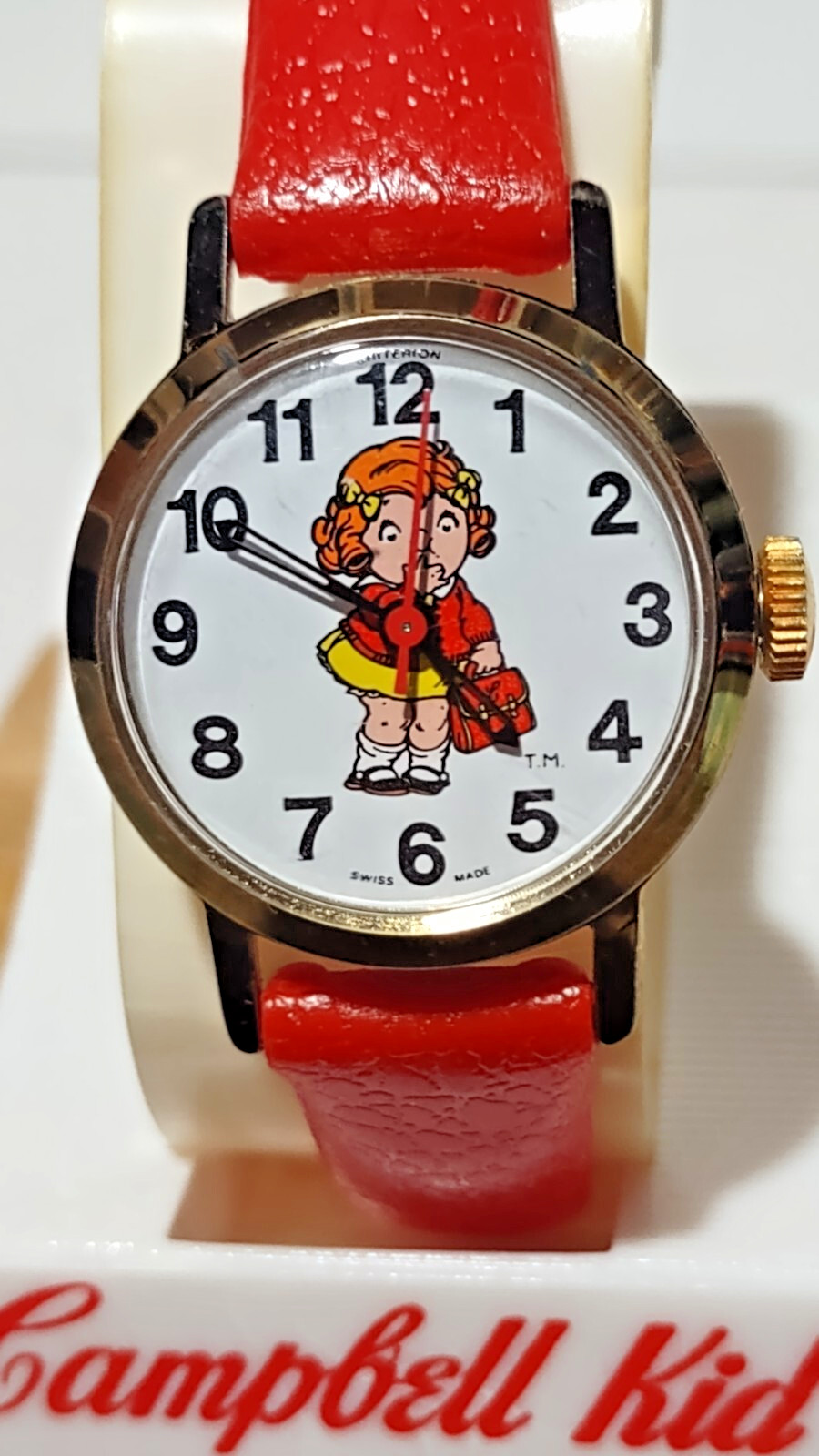 Vintage 1982 Campbell Kid Wind Up Wristwatch by Critireon, Girl in Red, NEW IOB
