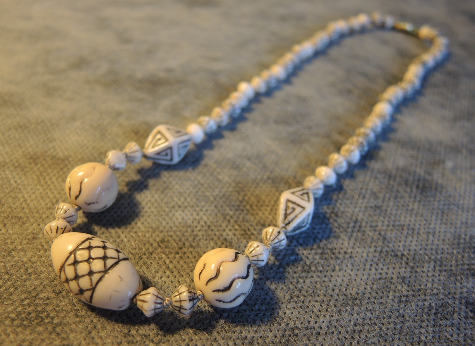 Rare Antique Czech Bohemian Molded Cream Glass Beads Necklace, Knotted