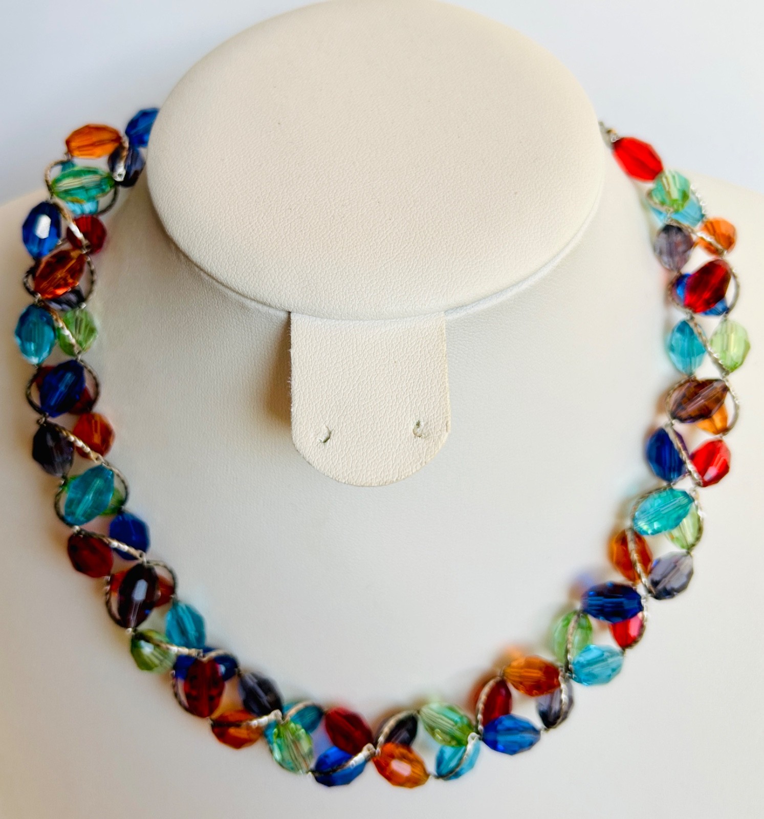 M&S Glass Necklace Red Green Blue Amber Purple Silver Tone Metal Vintage