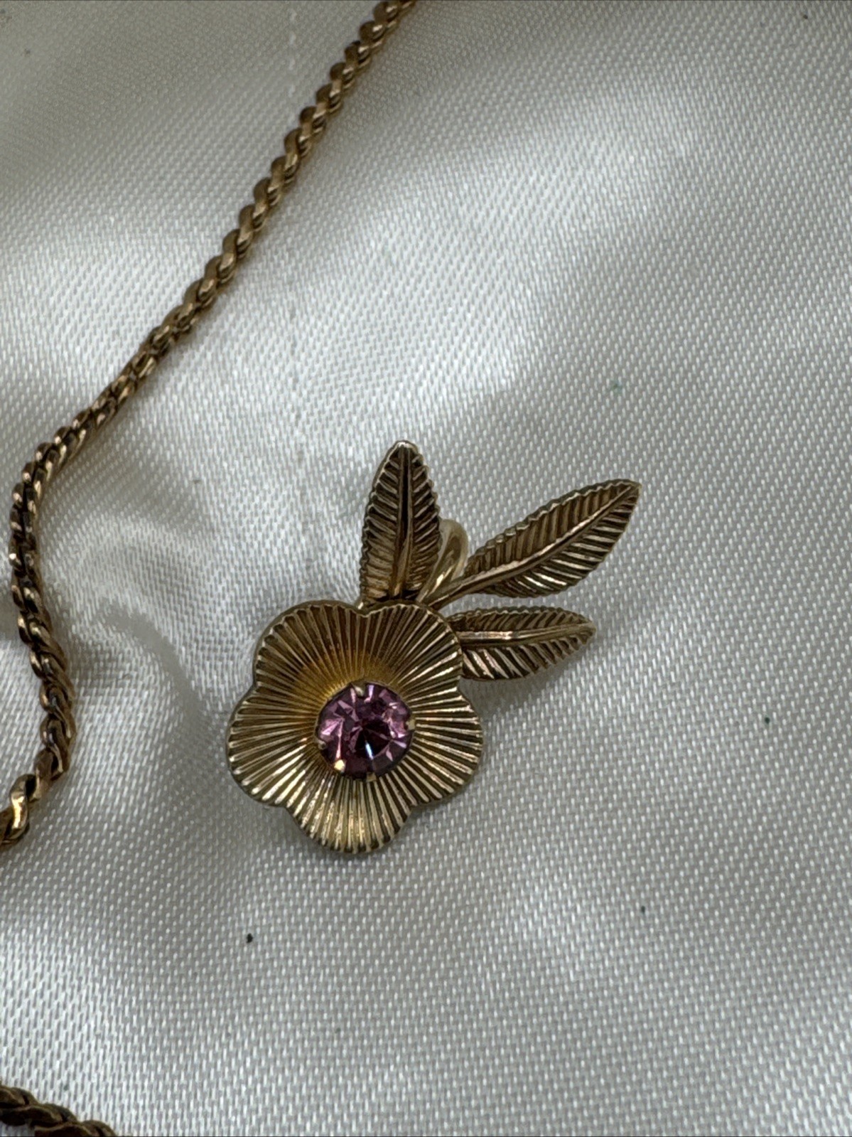 1960’s Van Dell Floral Necklace and Earring Set 12kt Gold Filled W/ Pink Gems