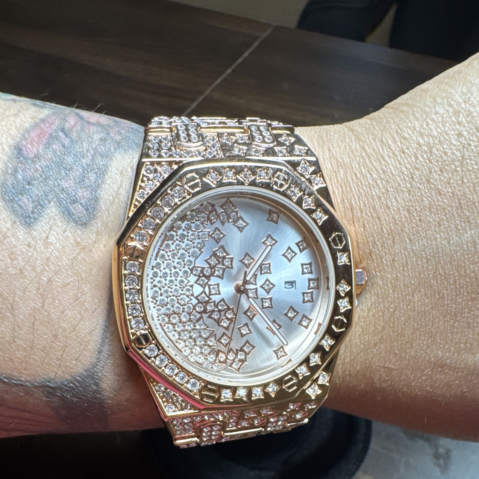 Ice Ghost Daytona Quartz Gold Tone Octagon Diamond Bezel Bracelet Date