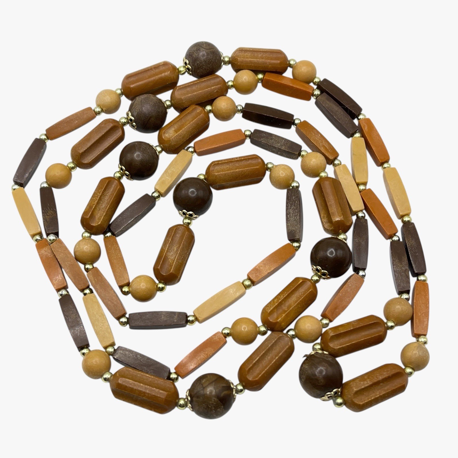 VTG Necklace Wood Grain Plastic Beads Brown Earth Tone Boho Layering Strand 46”
