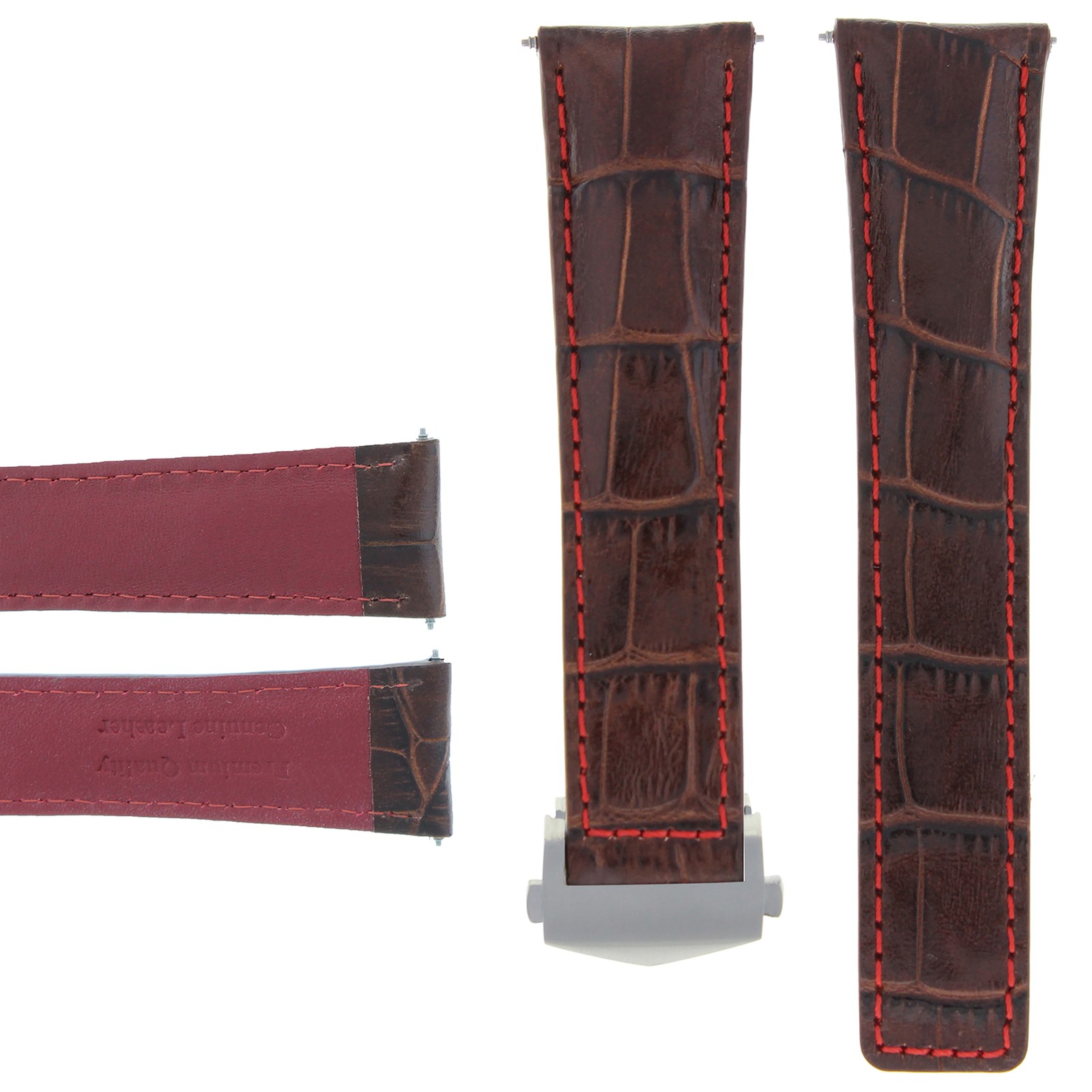 22mm Brown Leather Replacement Strap Red Stitching Silver Clasp For Tag Heuer