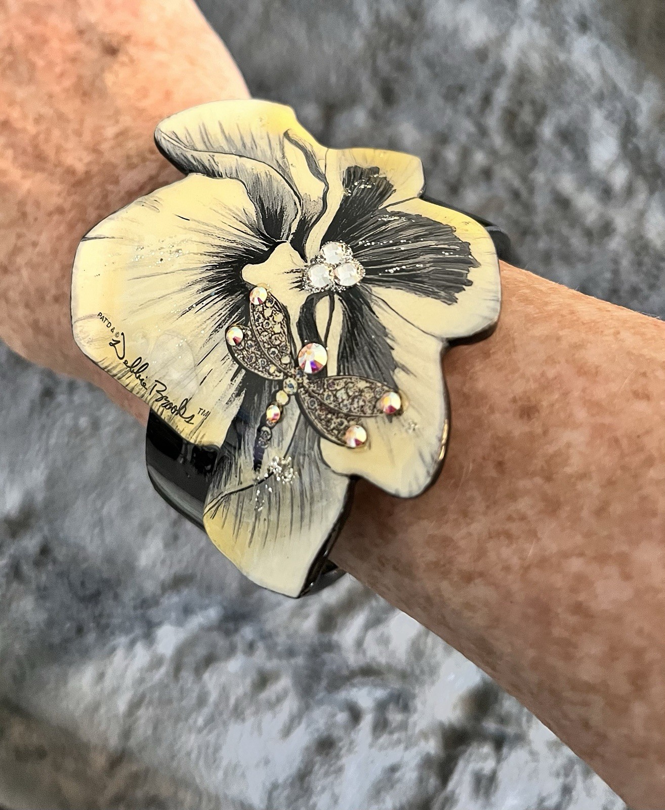 Debbie Brooks Orchid Dragonfly Acrylic Bracelet Wide Cuff Crystals Bling NWT