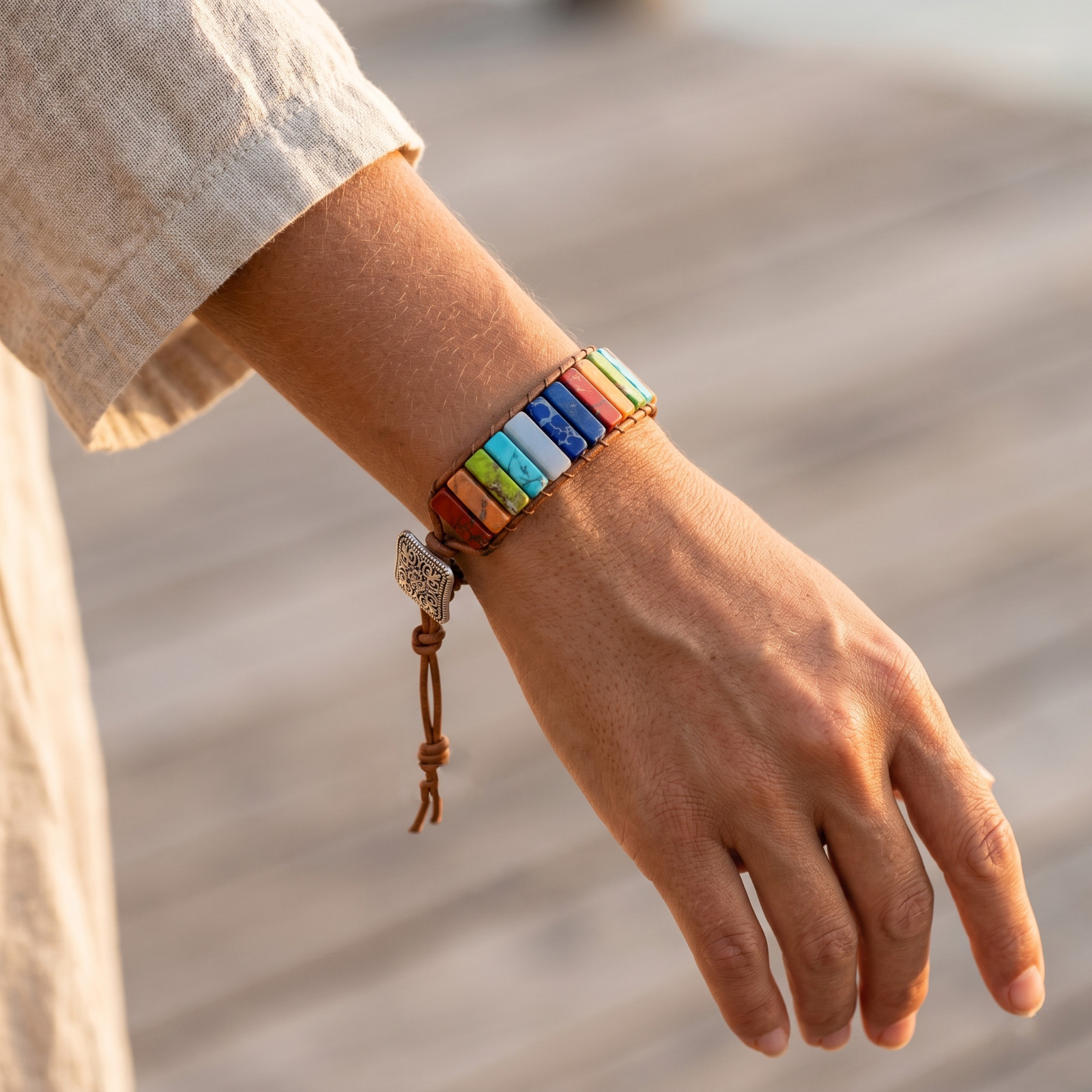 Chakra Rainbow Stone Beaded Leather Wrap Bracelet Boho Healing Jewelry For Women