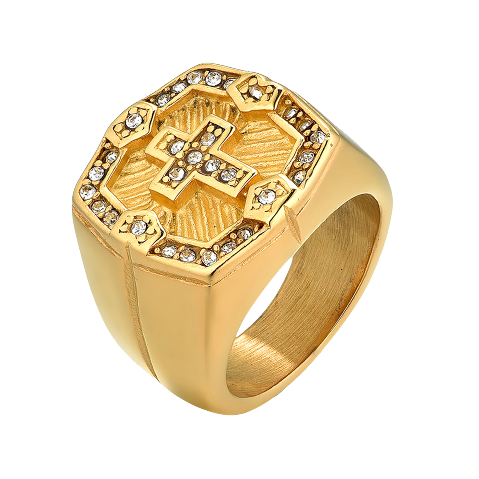 Men’s Gold Tone Stainless Steel Rhinestone Religious Cross Pray Band Ring 8#-13#