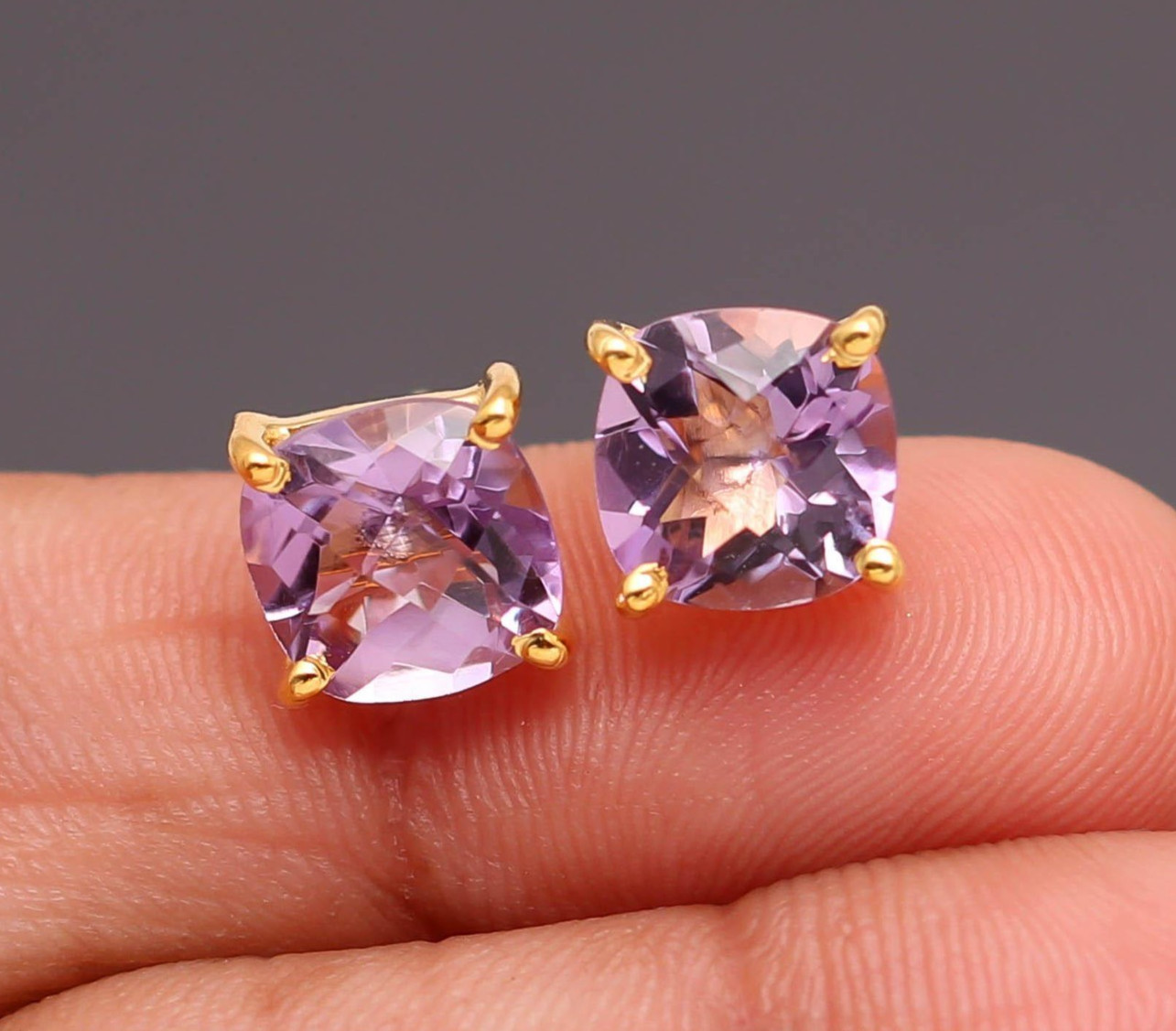100% Natural Pink Amethyst Cushion Stud Earrings Gold Fill Solid Silver Jewelry