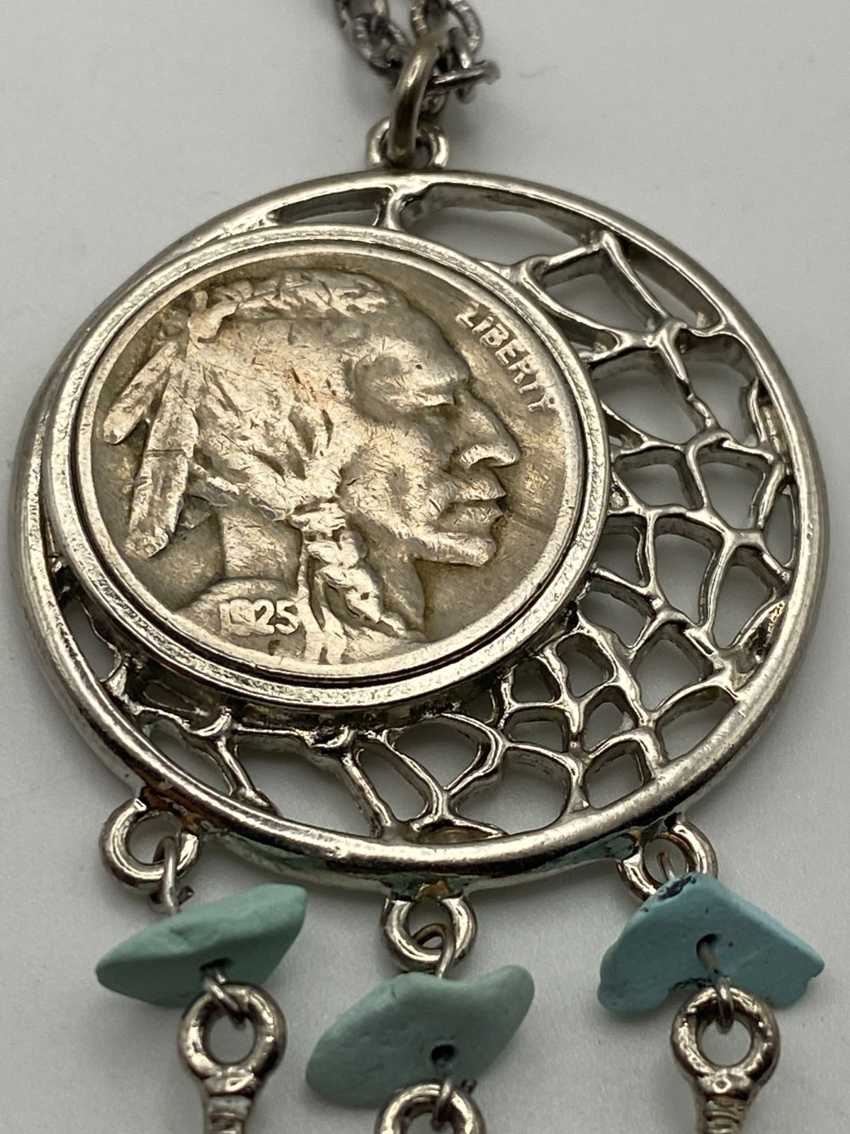 1925 Buffalo Nickel Dream Catcher Pendant 24″ Chain Silver Tone Metal Chain
