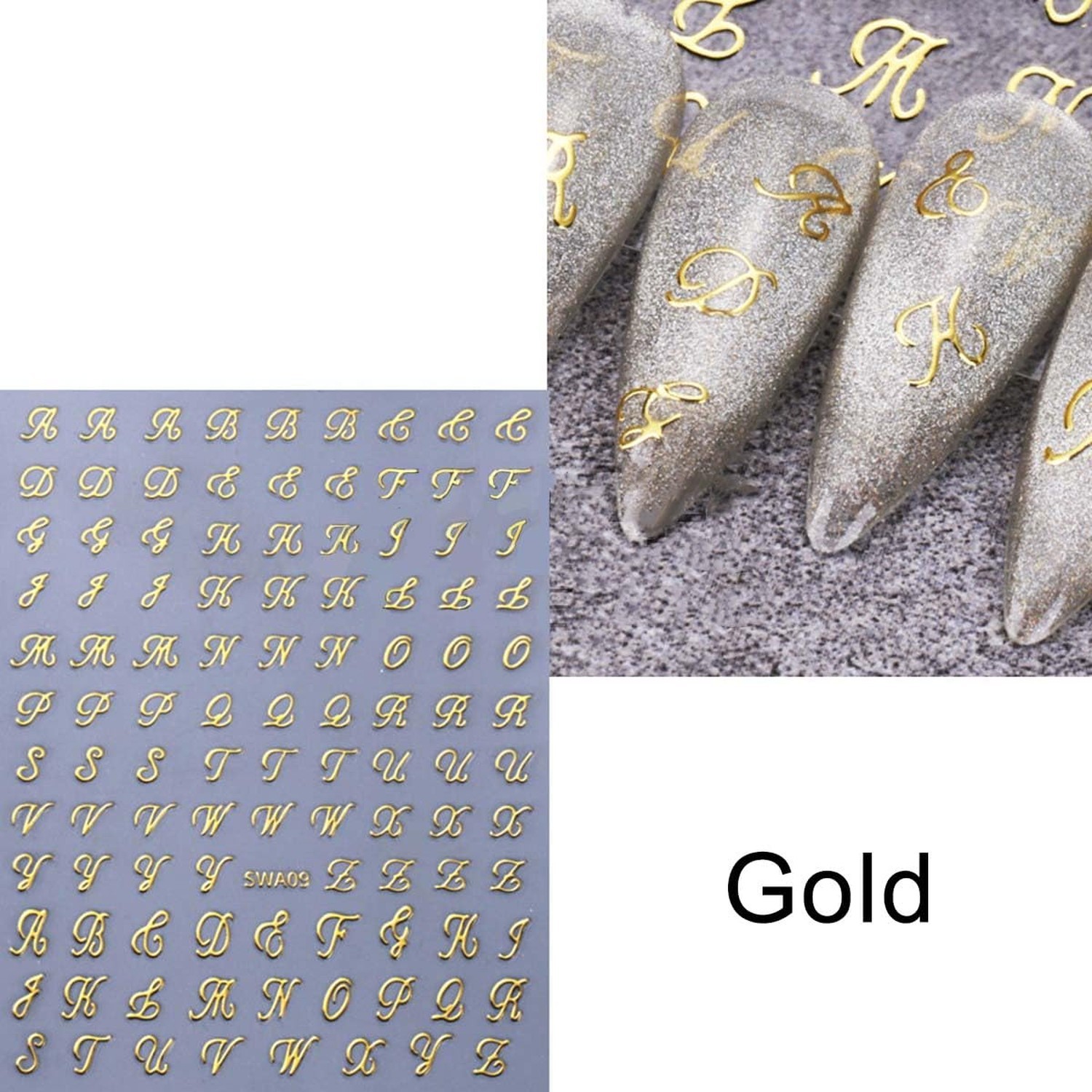 12 Sheets Letter Nail Stickers for Nail Art – Gold, Silver, Black, White Init…