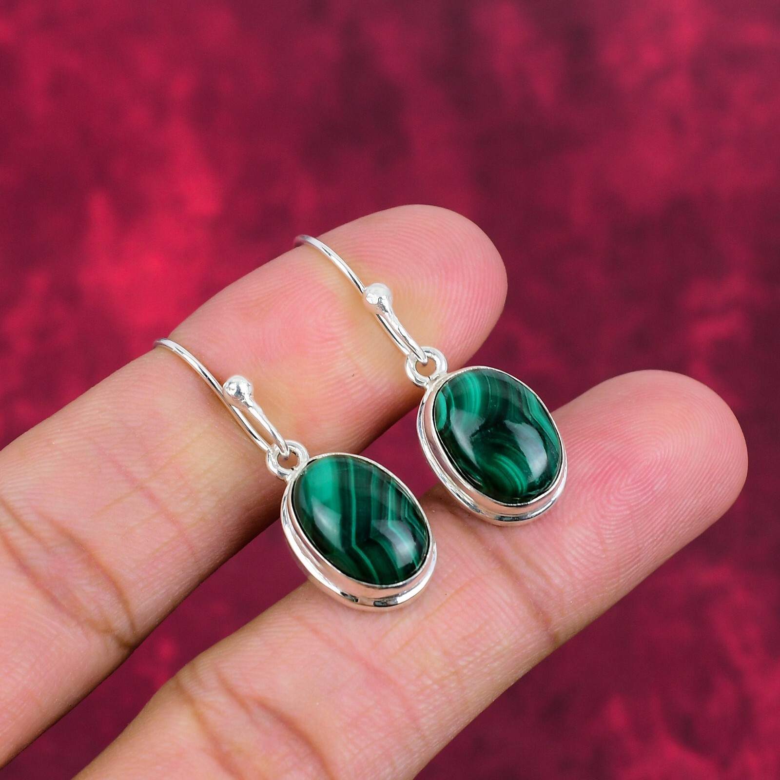 Beautiful Malachite Gemstone Handmade 925 Sterling Silver Earrings Jewelry