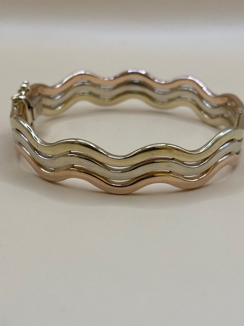 9ct Yellow, Rose And White Gold Triple Wave Bangle-Pre Owned