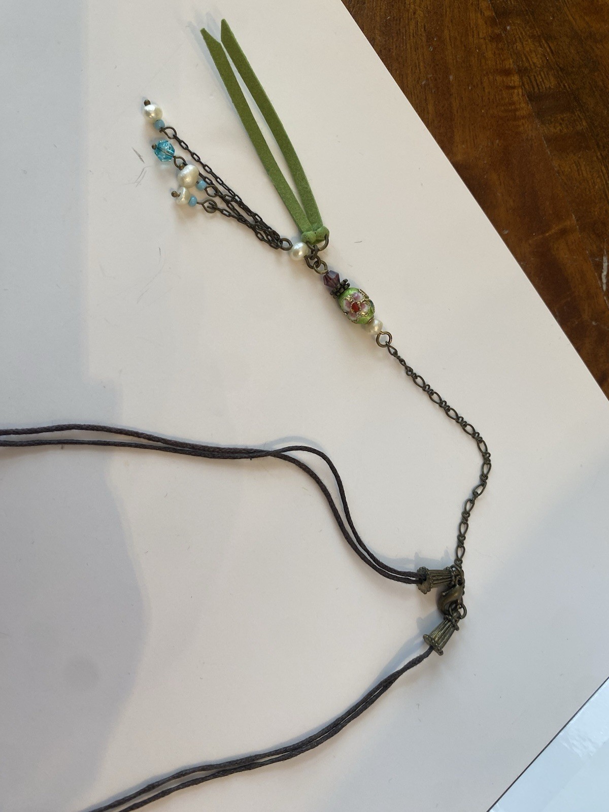 Handcrafted Multicolor Glass Beaded Tassel Pendant Necklace, Leather Cord, Brass