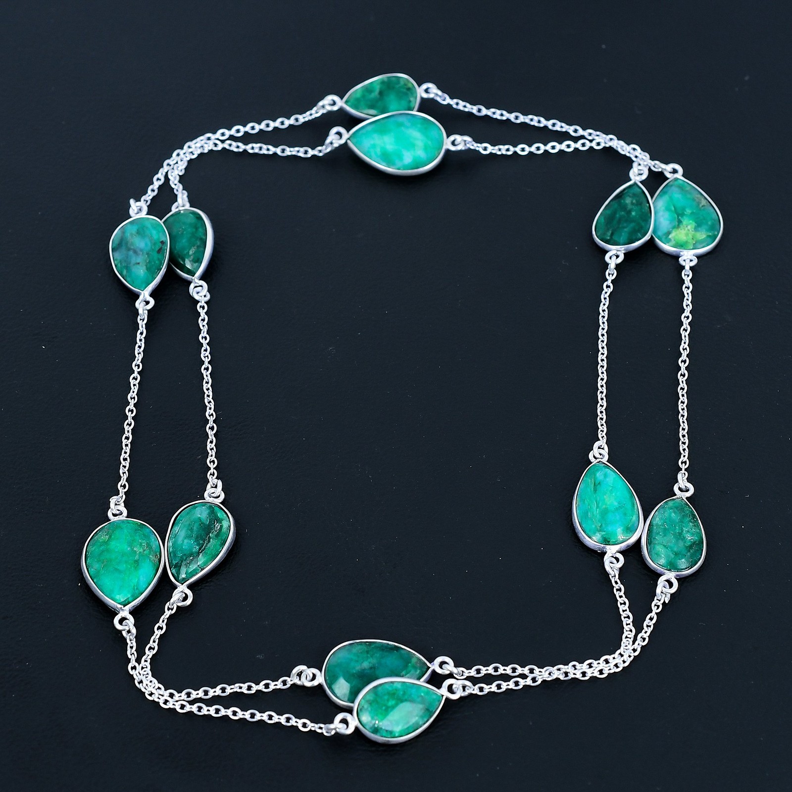 Sakota Mines Emerald Pear Gemstone 925 Sterling Silver Jewelry Necklace 36″ VJ 1