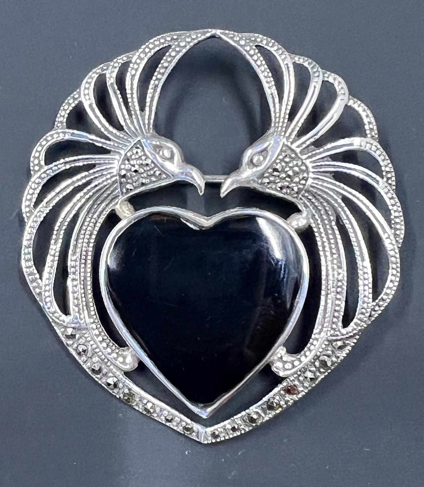 Vintage Sterling Silver 925 Marcasite Peacock Heart Brooch Black Cabochon