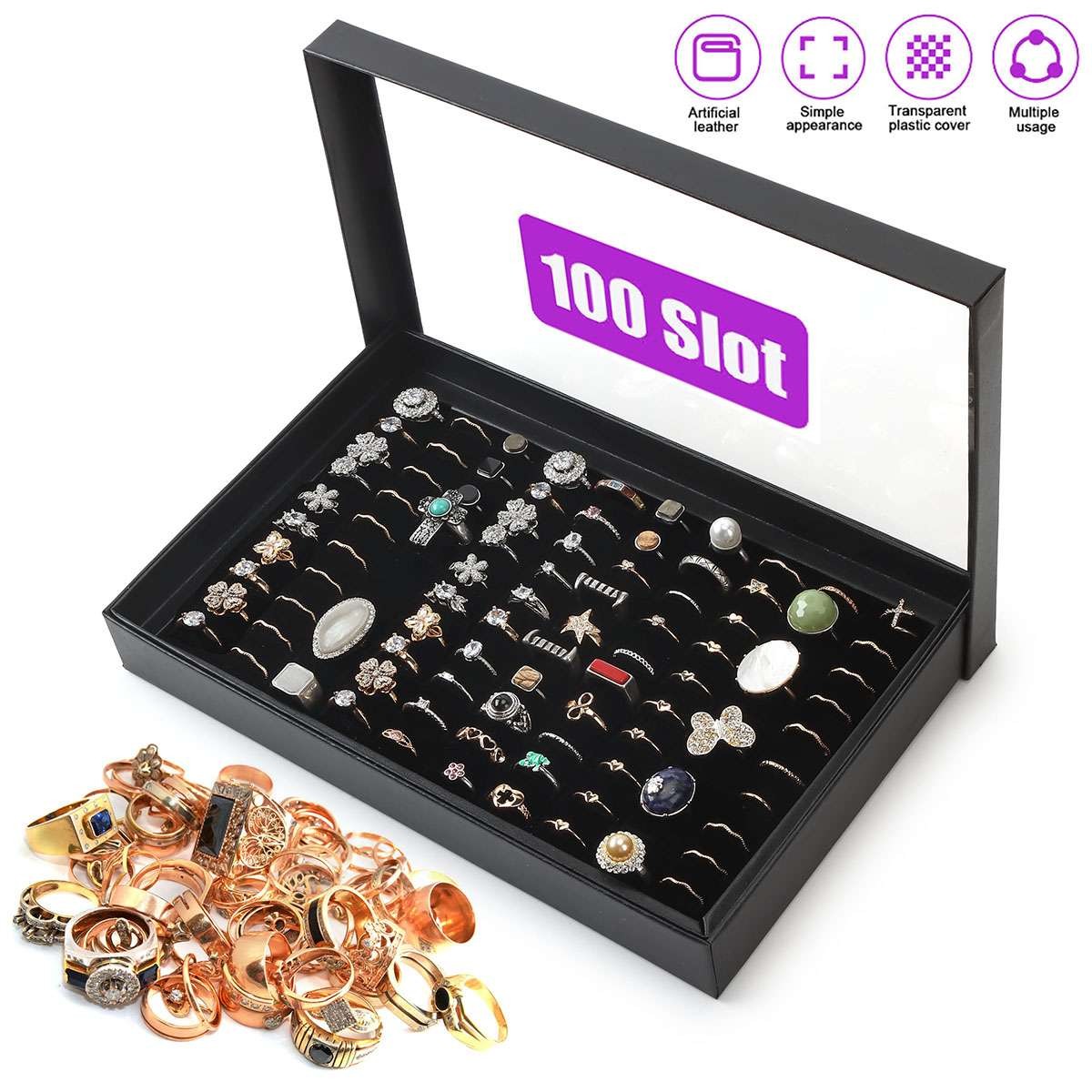 2Pc 100Slots Jewelry Ring Display Organizer Case Tray Holder Earring Storage Box