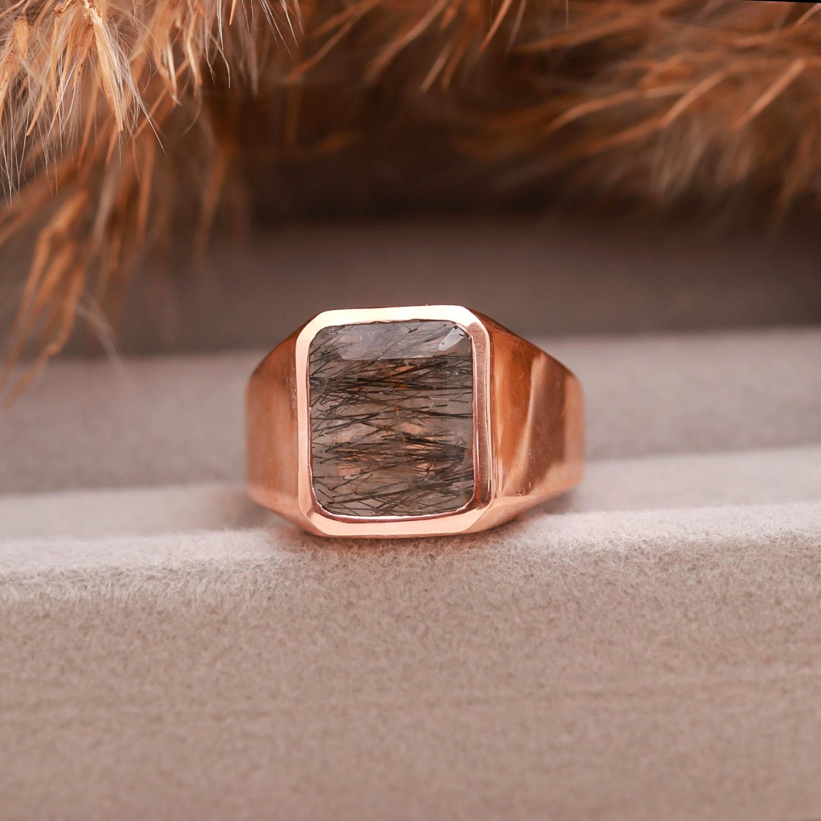 Natural Black Rutile Octagon Ring Rose Gold Plated 925 Sterling Silver Jewelry