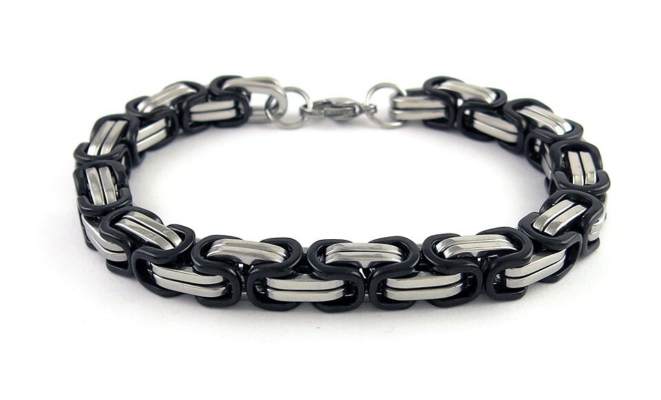 Men’s Stainless Steel Black & Silver Mechanic Byzantine Bracelet Link Chain 8.5″