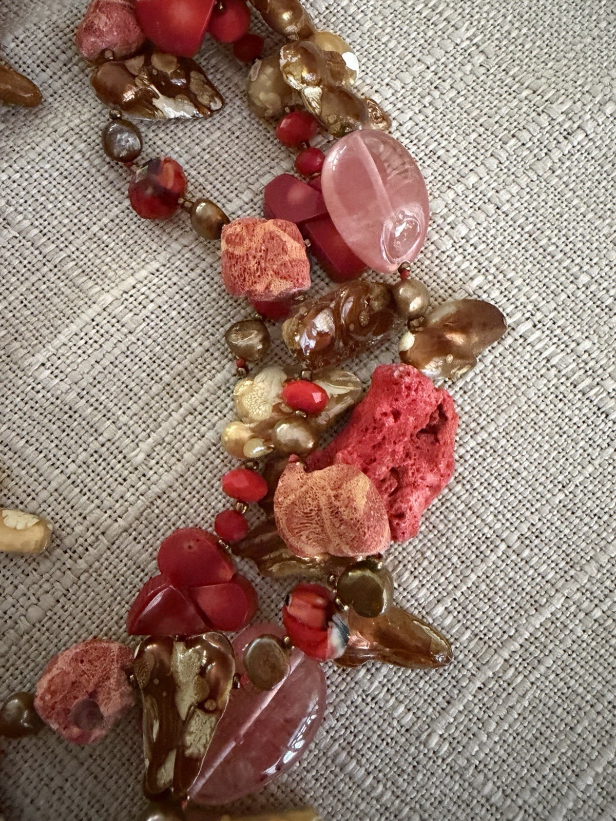 Artisan Multi Strand Coral Shell Pearl Glass Bead Necklace Magnetic Clasp