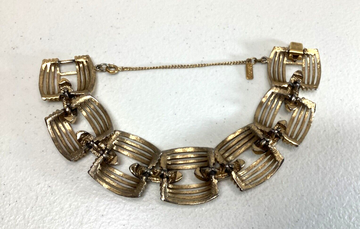 Monet Vintage Bracelet Gold-Tone Links Signed with Hangtag and Safety Chain 7 in