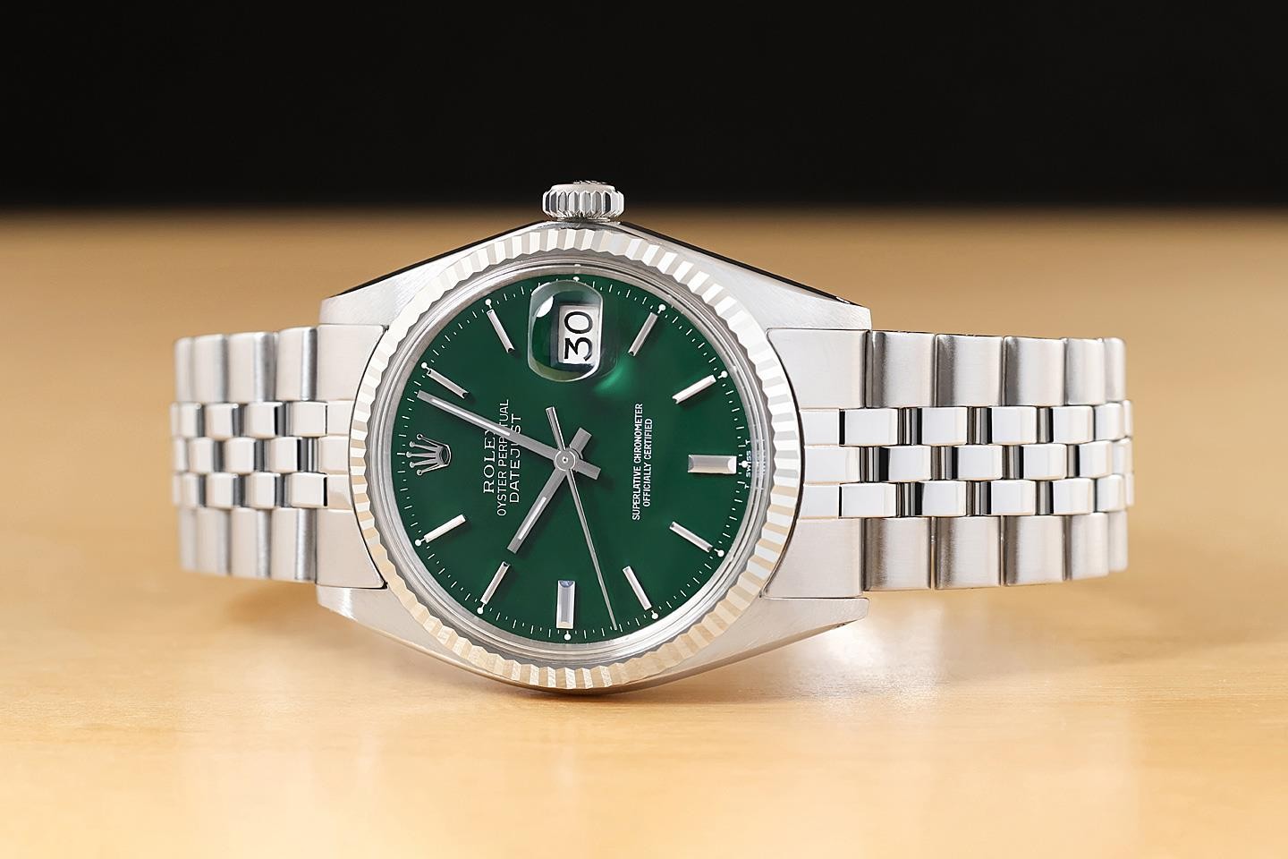ROLEX DATEJUST 1601 GREEN DIAL 18K WHITE GOLD STEEL FOLDED BRACELET WATCH