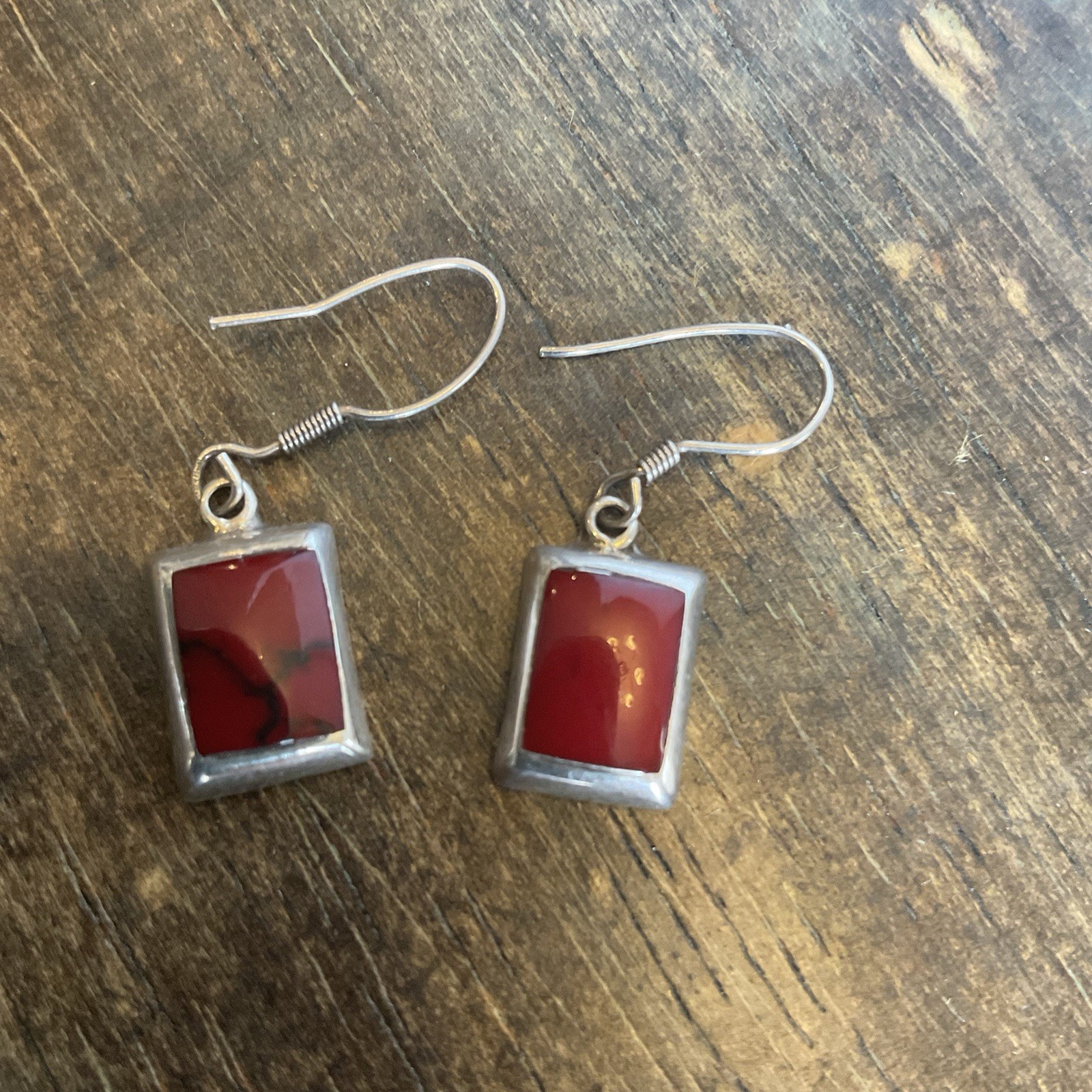 Sterling Silver 925 Red Jasper Dangle Earrings – Rectangular Cabochon – Artisan