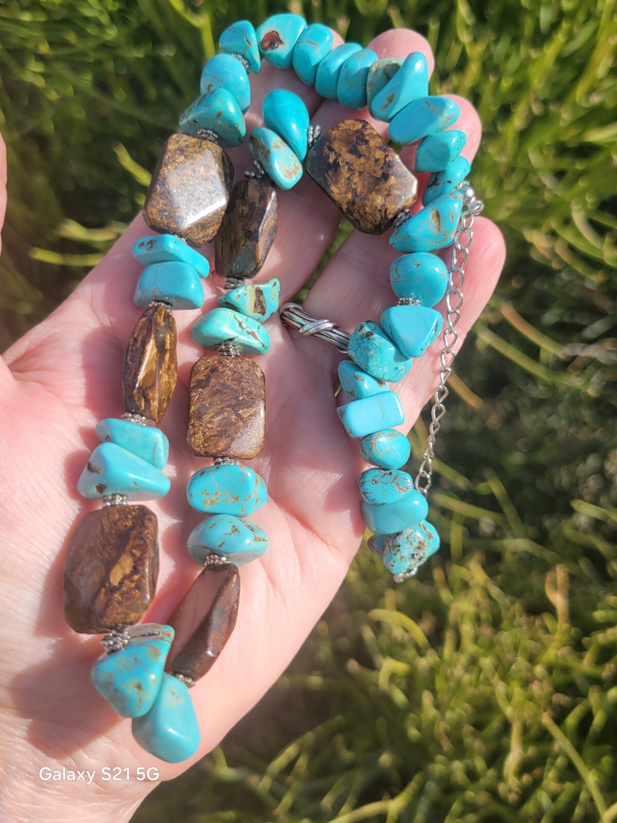 Turquoise-Bronzite Necklace 20″ Long Boho Chic Artisan Made Adjustable OOAK