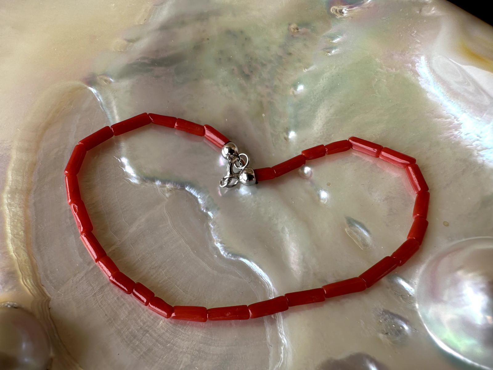 Bracciale a “cannette” di vero corallo rosso del mediterraneo e argento