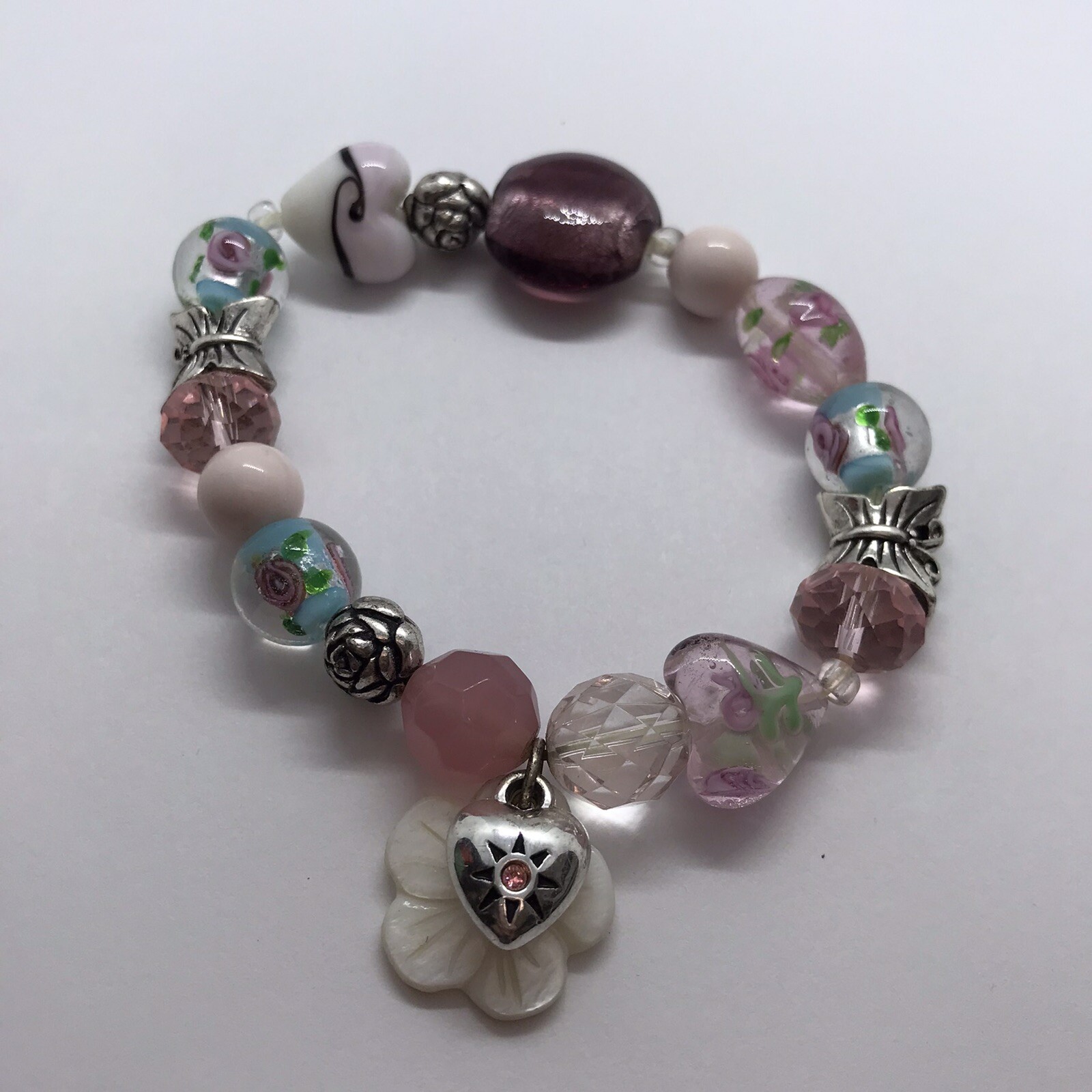 Vintage Art Glass Beaded Stretch Bracelet Lampwork Floral Heart Pink Barbiecore