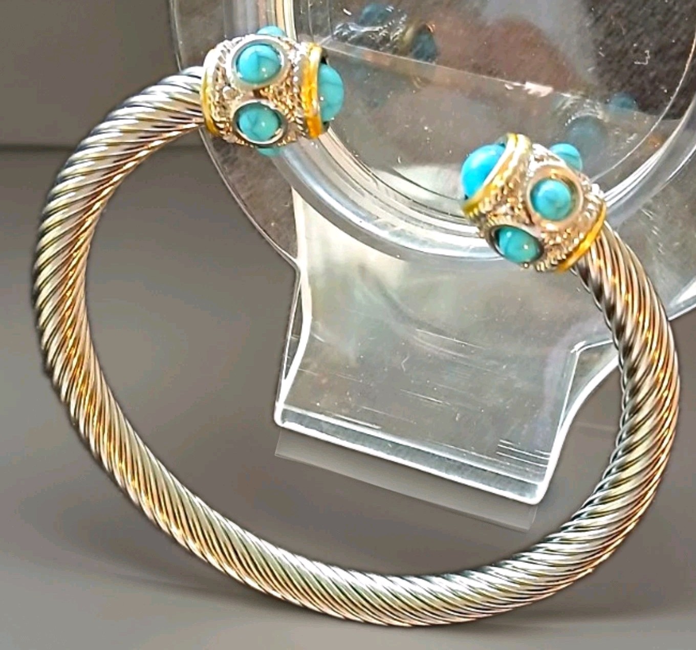 Stainless Steel Cable Wire Bangle with Natural Stone Turquoise