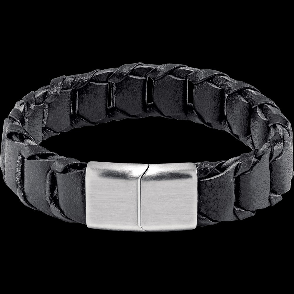 Black Leather Cord Braided Bracelet, Stainless Steel Magnetic Clasp 8 in. STU