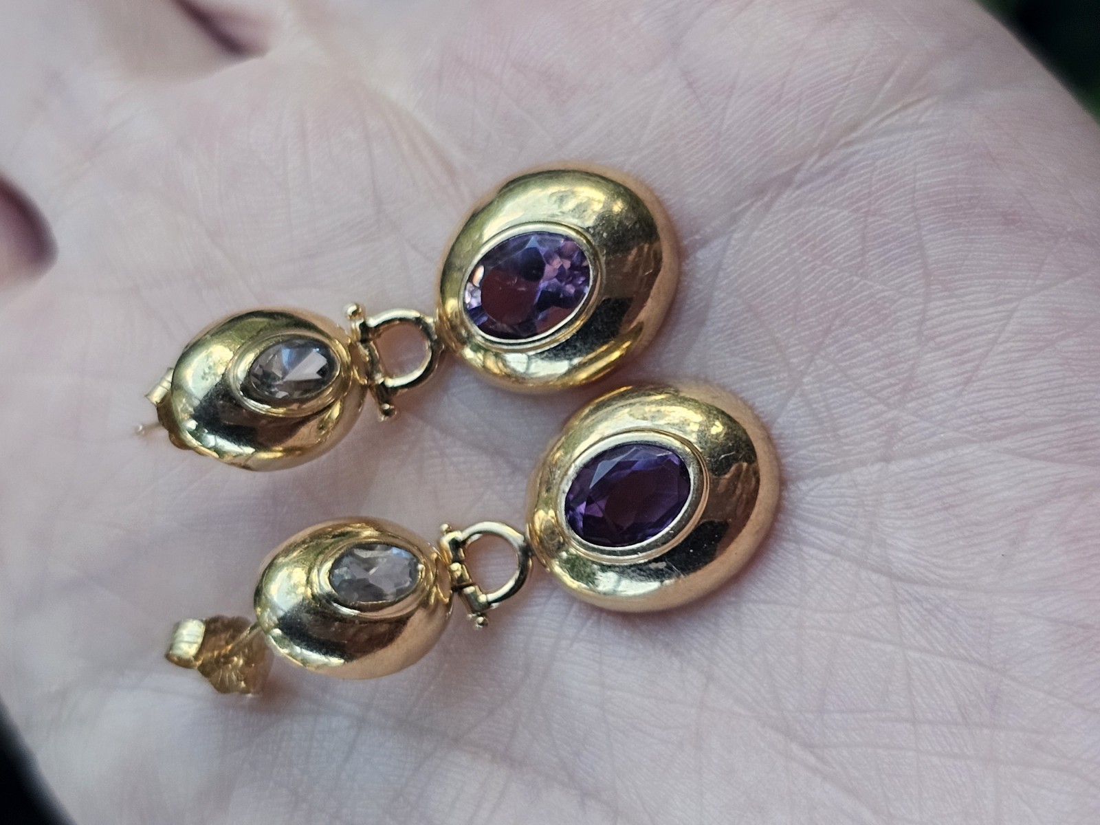 Vintage 14k Yellow Gold Purple Blue Gemstone Doorknocker Postback Earrings 3g