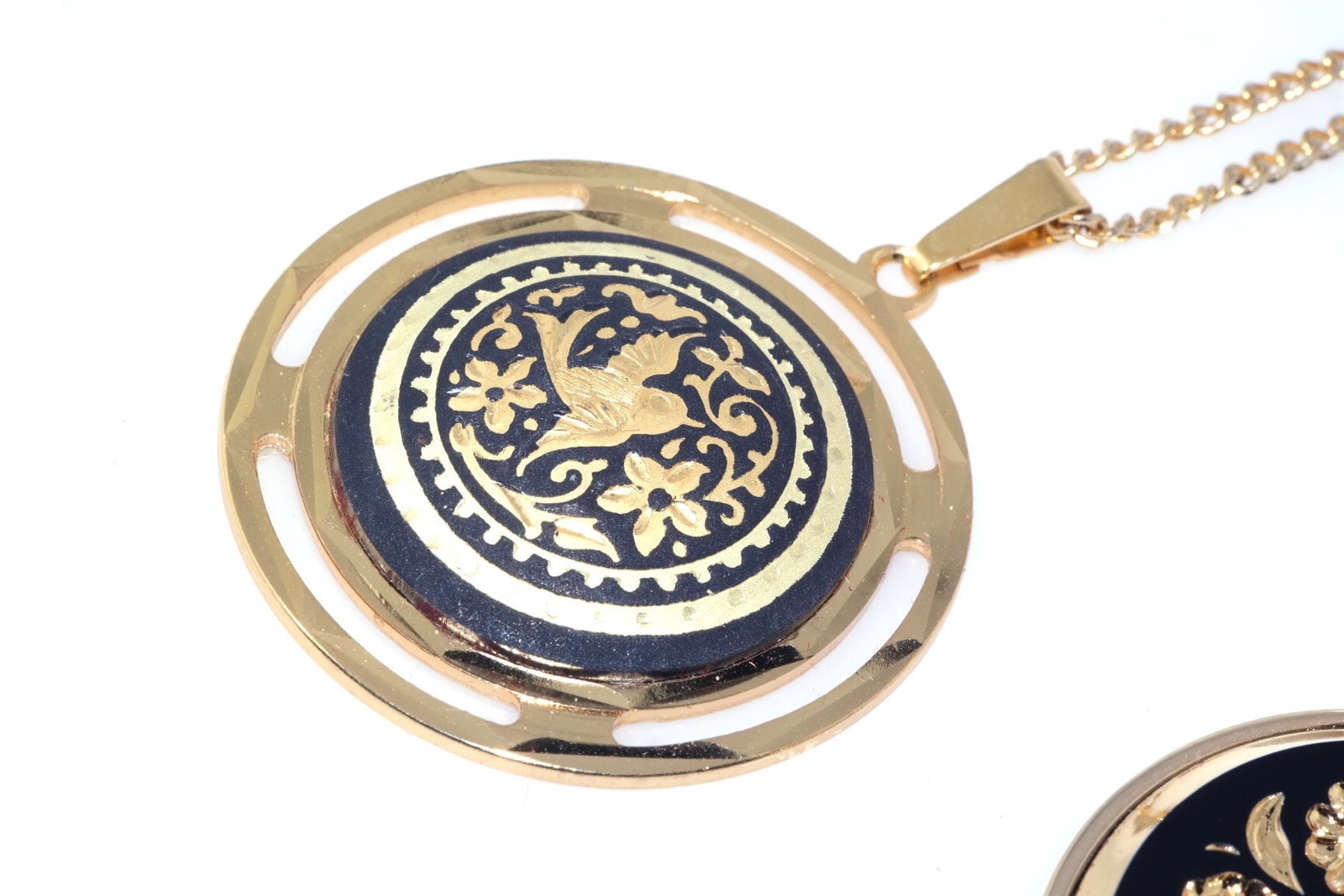 2 Vtg Pendant Necklaces Gold Foil Inlay Damascene & Gold Foil Black Lucite